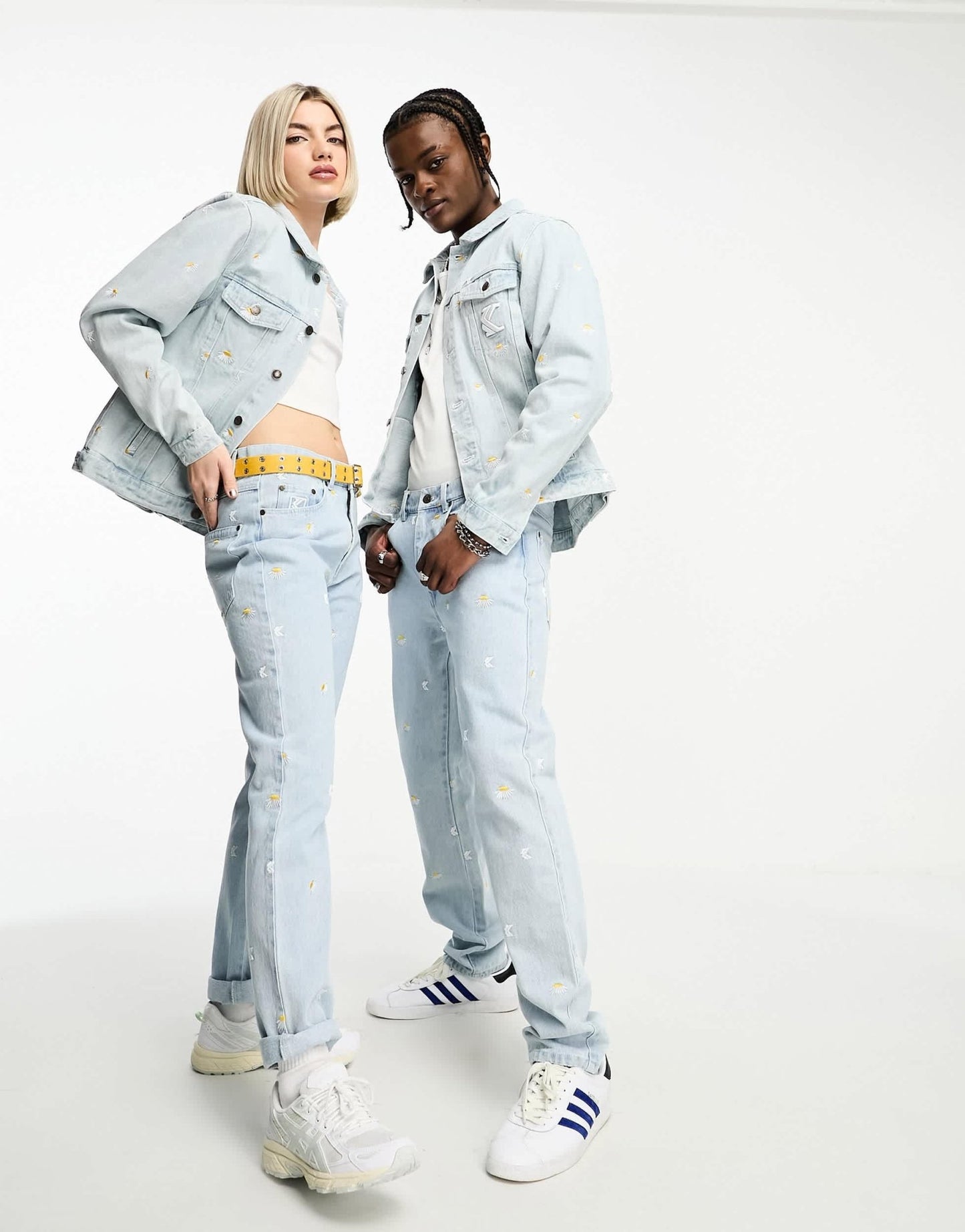 Karl Kani unisex co - ord OG denim trucker jacket in light blue with daisy embroidery - ASOS Sample Sale EU Store