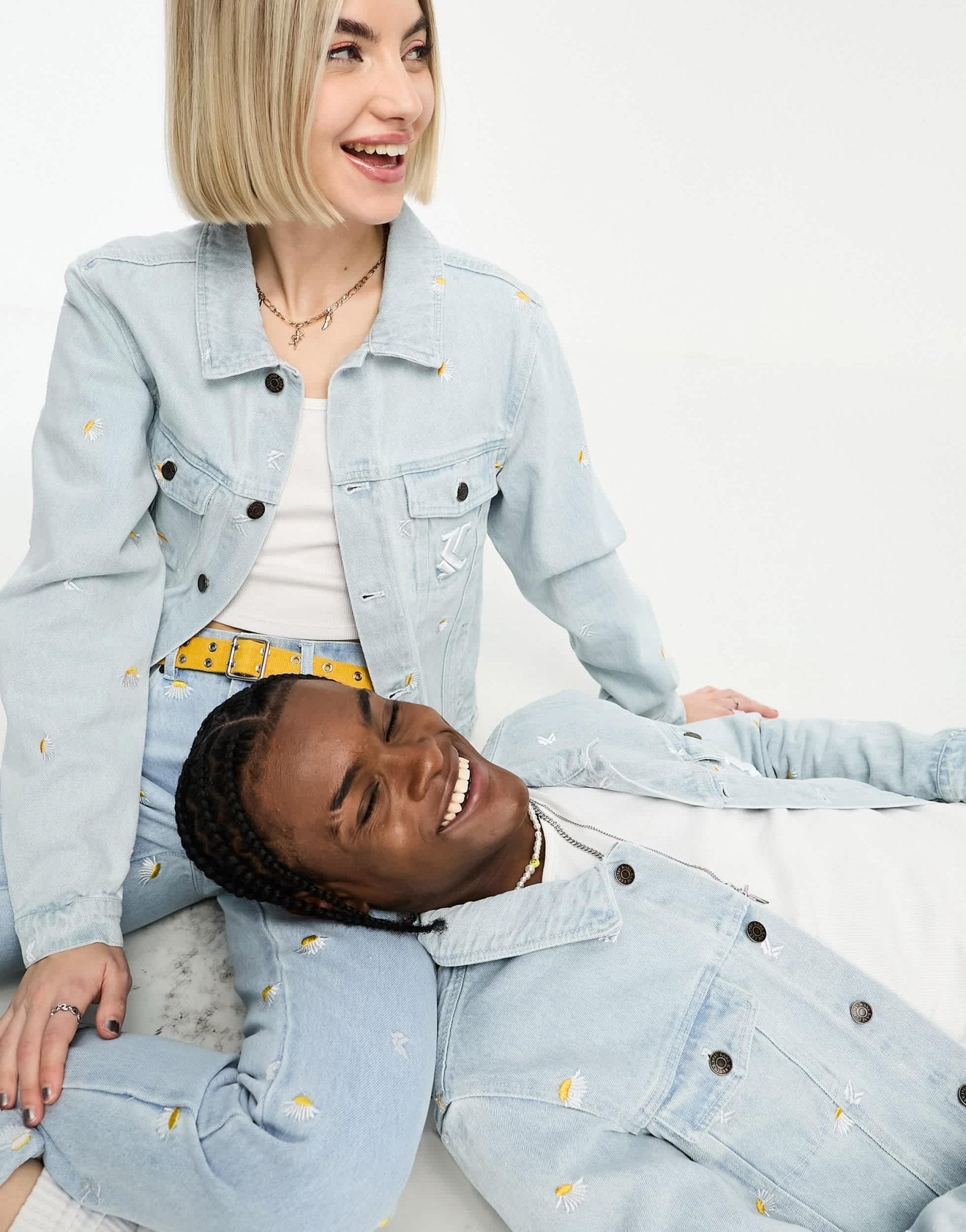 Karl Kani unisex co - ord OG denim trucker jacket in light blue with daisy embroidery - ASOS Sample Sale EU Store
