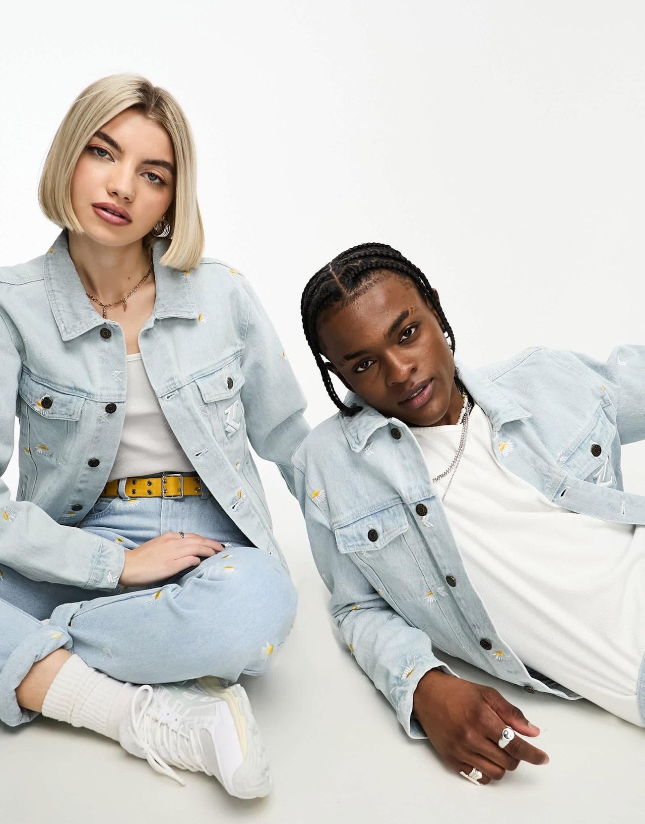 Karl Kani unisex co - ord OG denim trucker jacket in light blue with daisy embroidery - ASOS Sample Sale EU Store