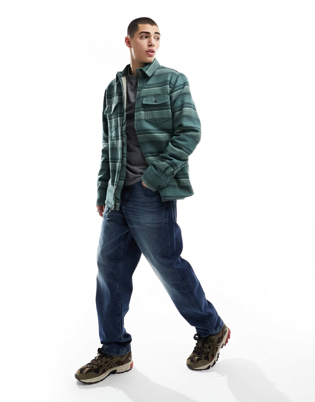 Kavu eagle pine long sleeve lined overshirt in green horizontal stripes - ASOS Sample Sale EU Store