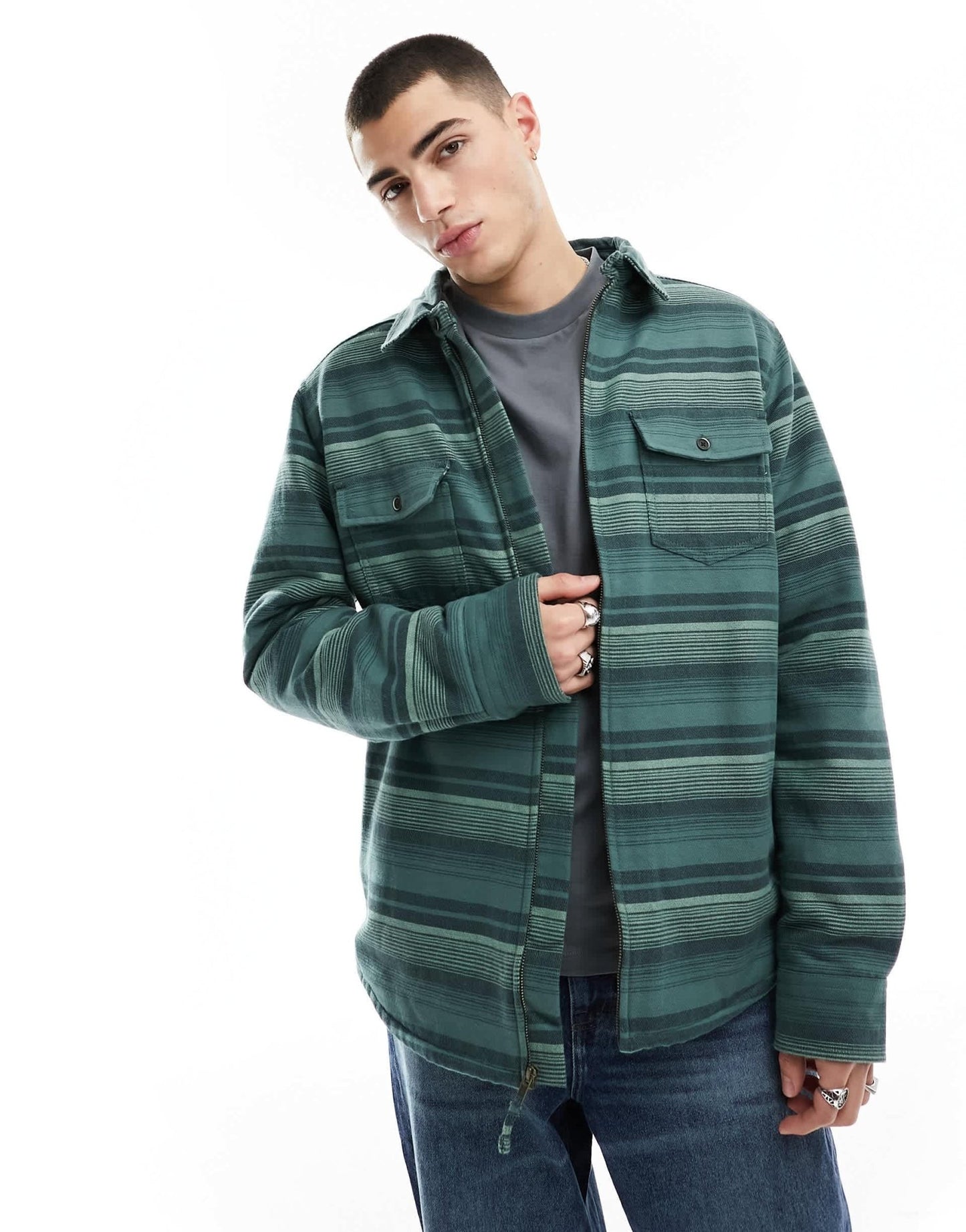 Kavu eagle pine long sleeve lined overshirt in green horizontal stripes - ASOS Sample Sale EU Store