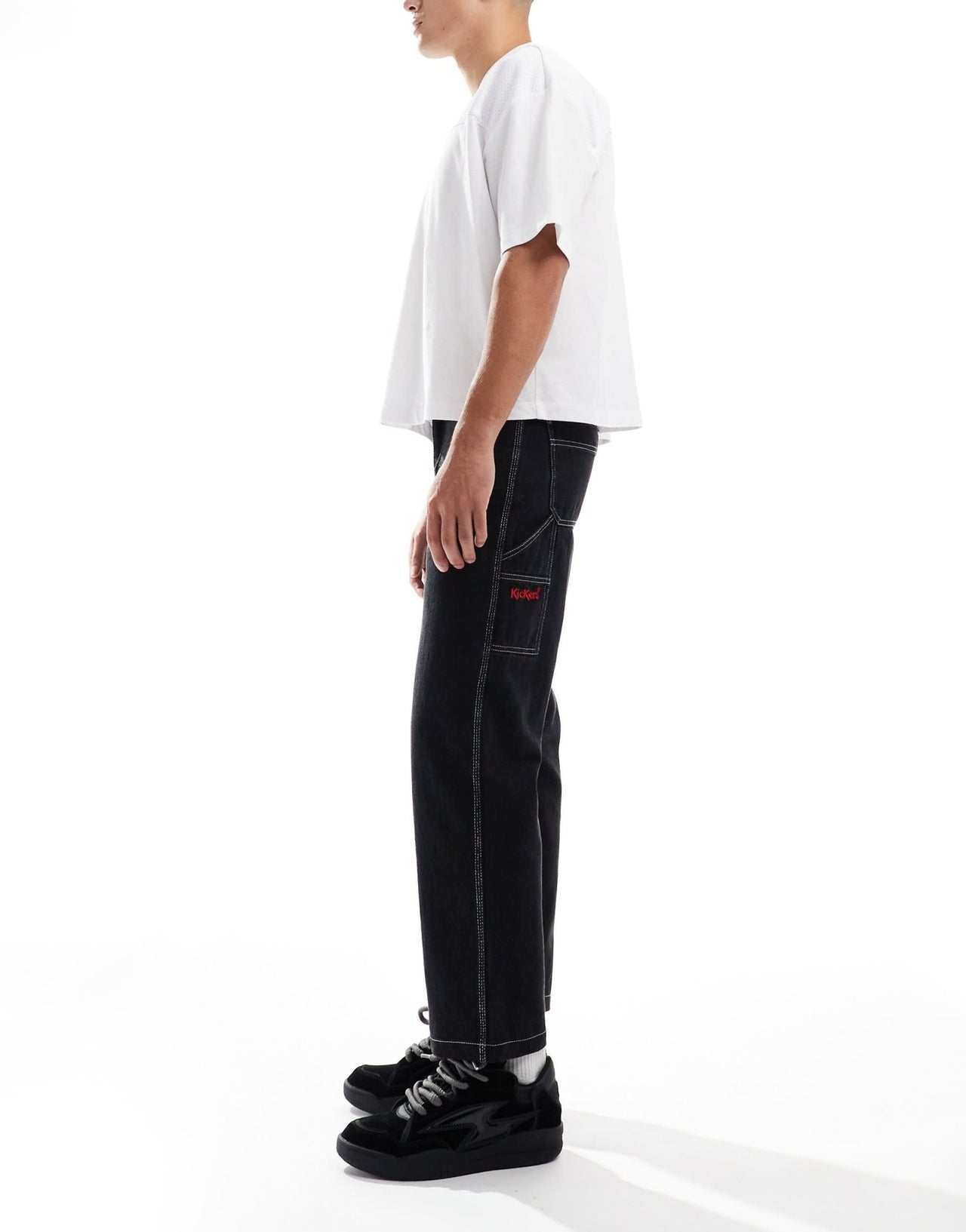 kickers wide leg worker pants in washed denim and embroidered logo - ASOS Sample Sale EU Store