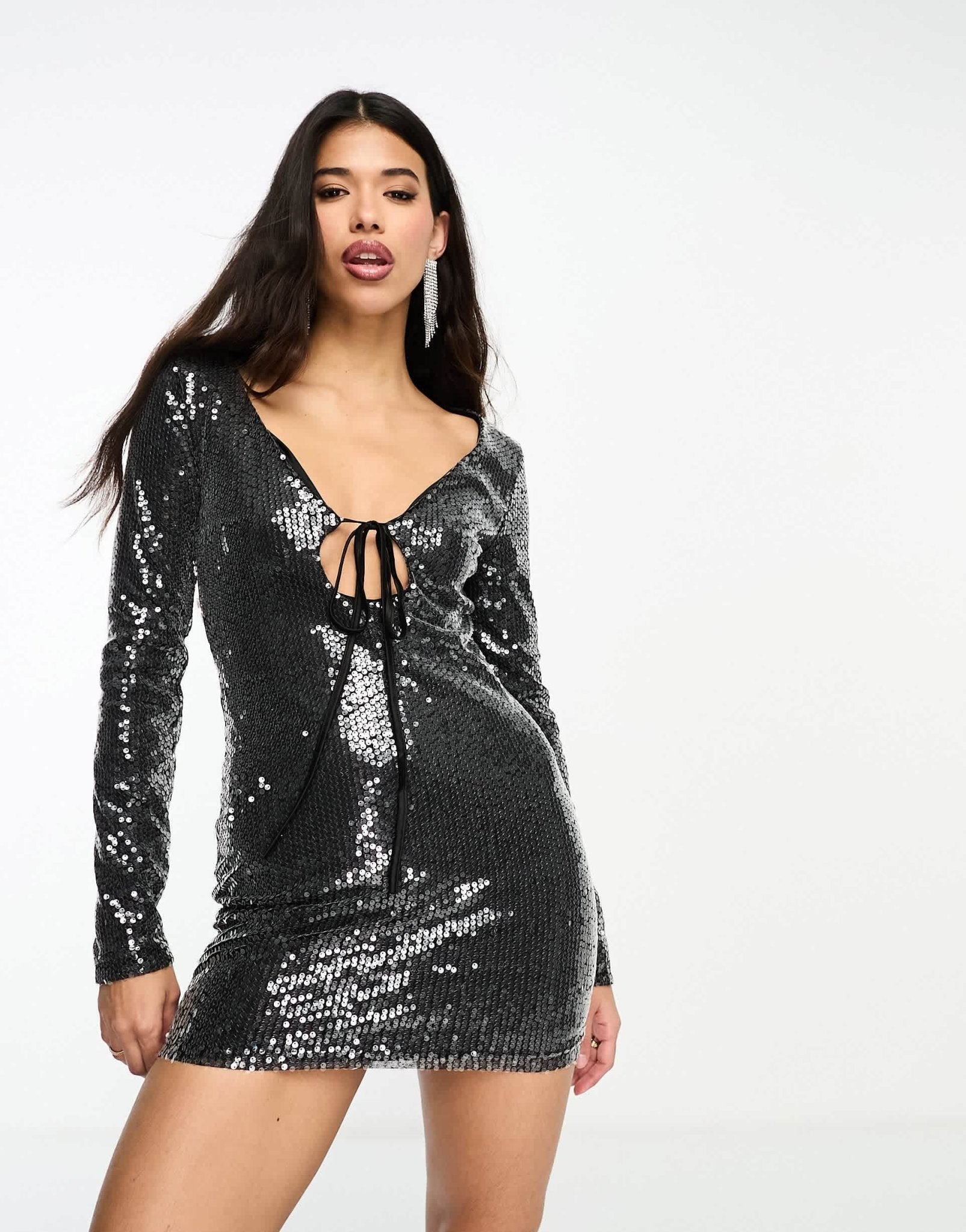 Kyo The Brand sequin keyhole detail with tie mini dress in gunmetal - ASOS Sample Sale EU Store