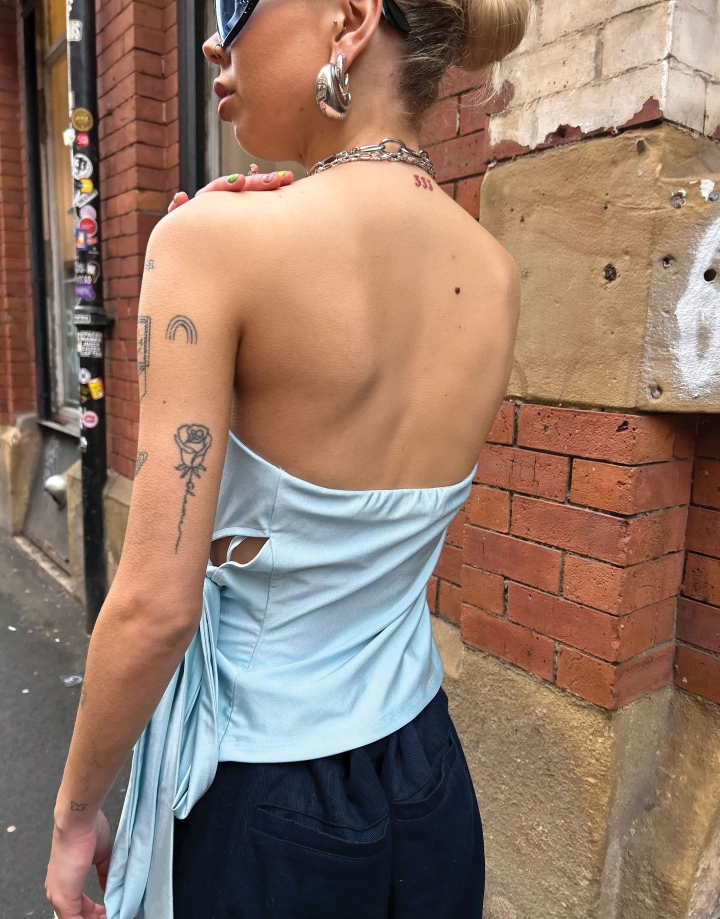 Labelrail x Daisy Birchall asymmetric slinky bandeau top with bow detail in ice blue - ASOS Sample Sale EU Store