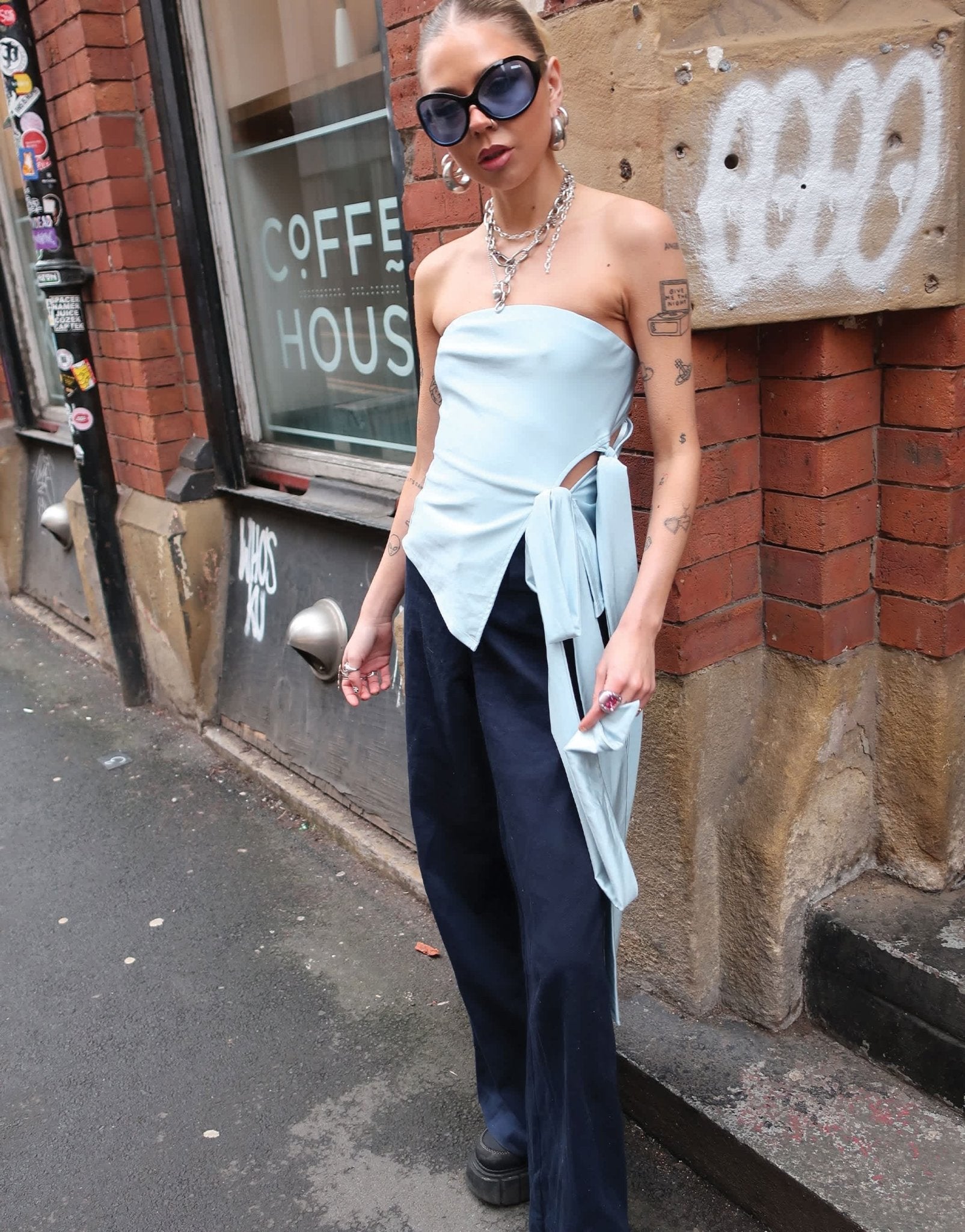 Labelrail x Daisy Birchall asymmetric slinky bandeau top with bow detail in ice blue - ASOS Sample Sale EU Store