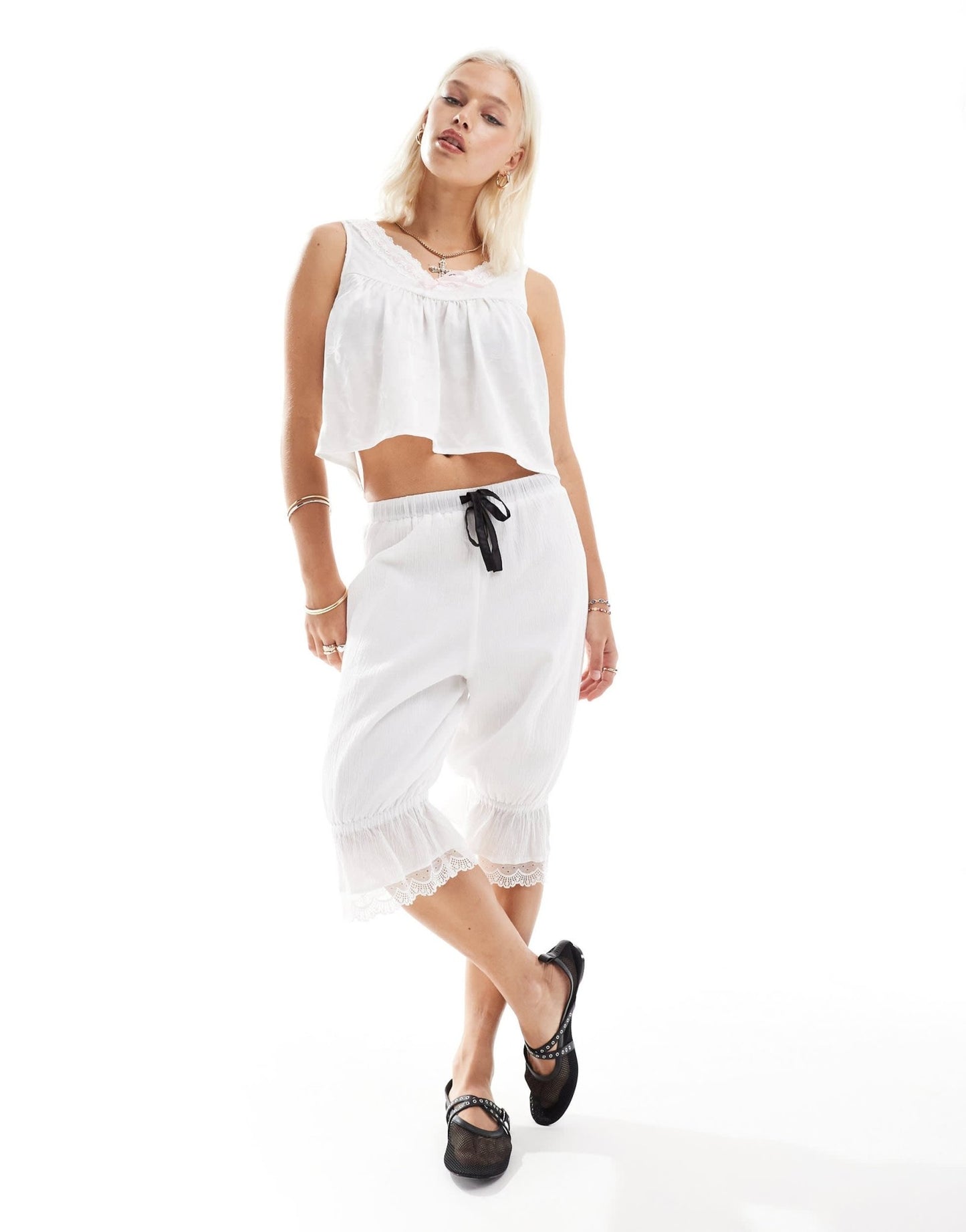 Labelrail x Daisy Birchall floaty satin chemise top in white with pink bow - ASOS Sample Sale EU Store