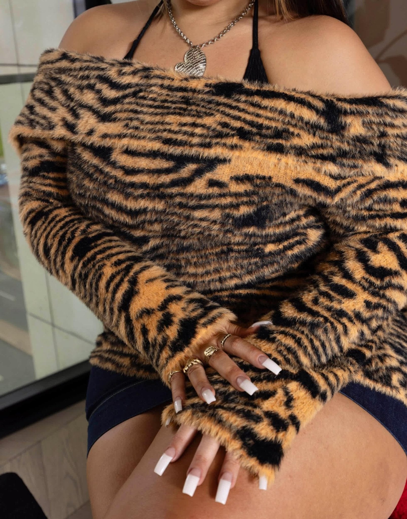 Labelrail x Holly Marston off shoulder asymmetric fluffy knit jumper in tiger - ASOS Sample Sale EU Store