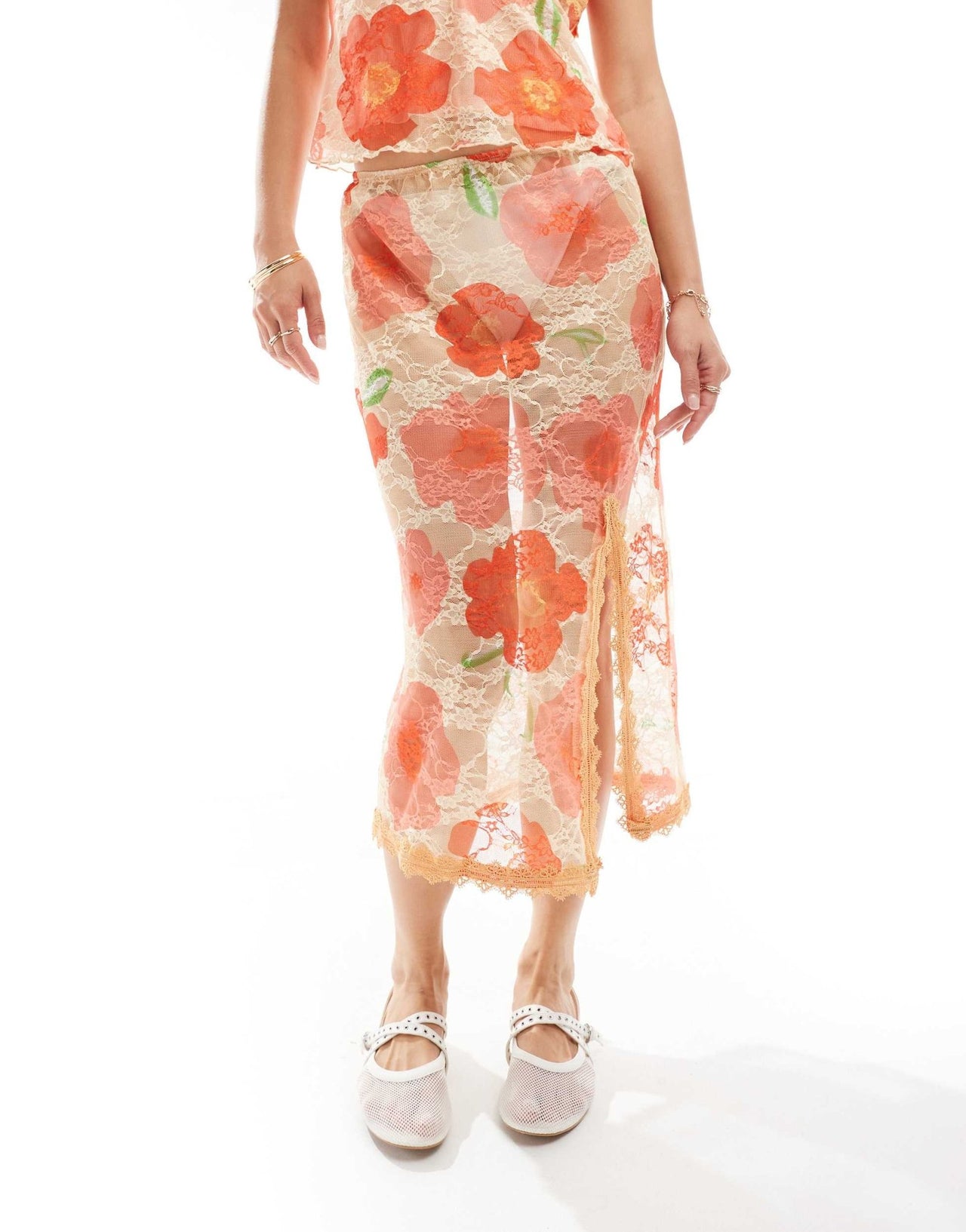 Labelrail x Olivia Grace Herring floral lace edged mesh midi skirt co - ord in multi - ASOS Sample Sale EU Store