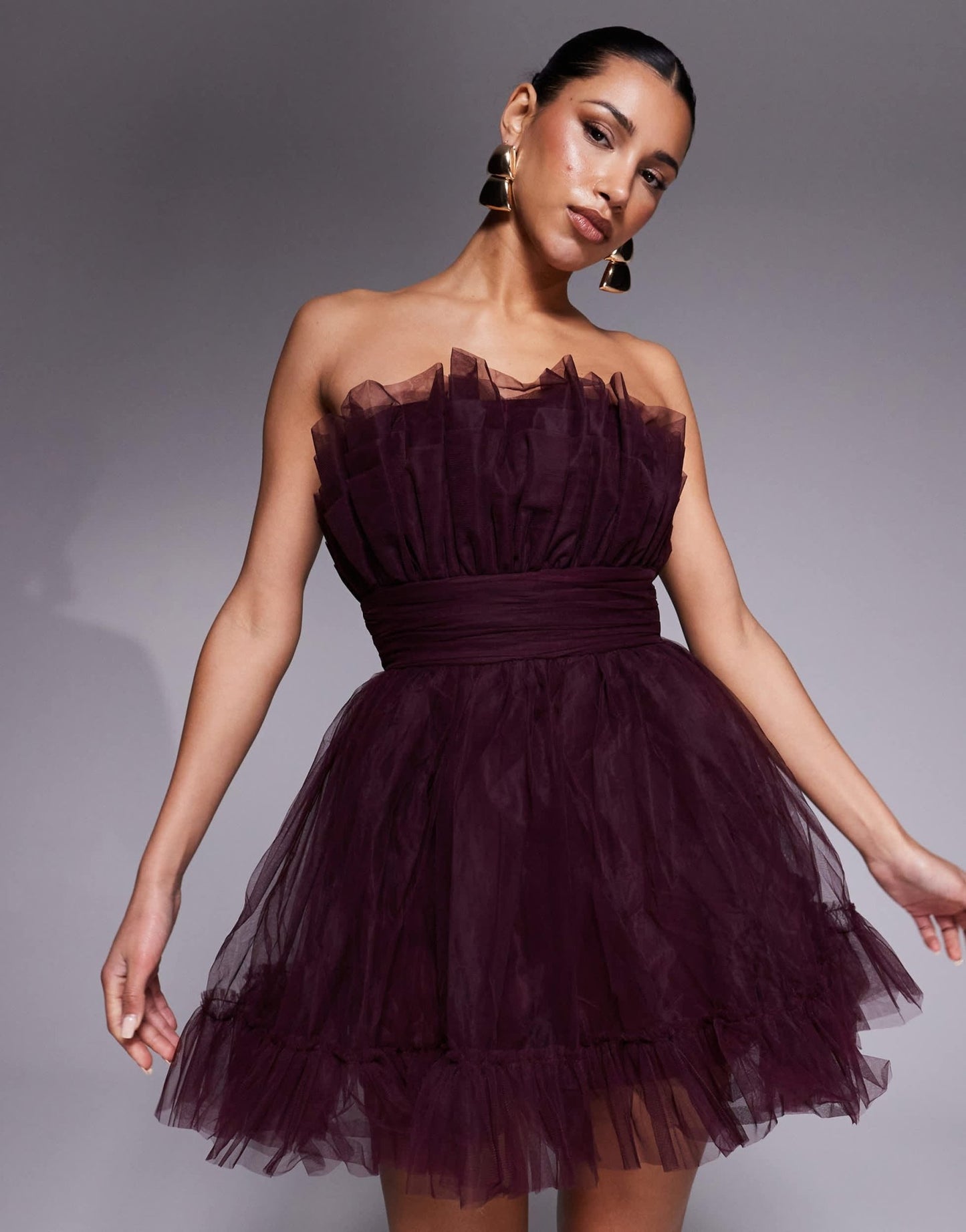 Lace & Beads bandeau structured mini tulle dress in plum - ASOS Sample Sale EU Store