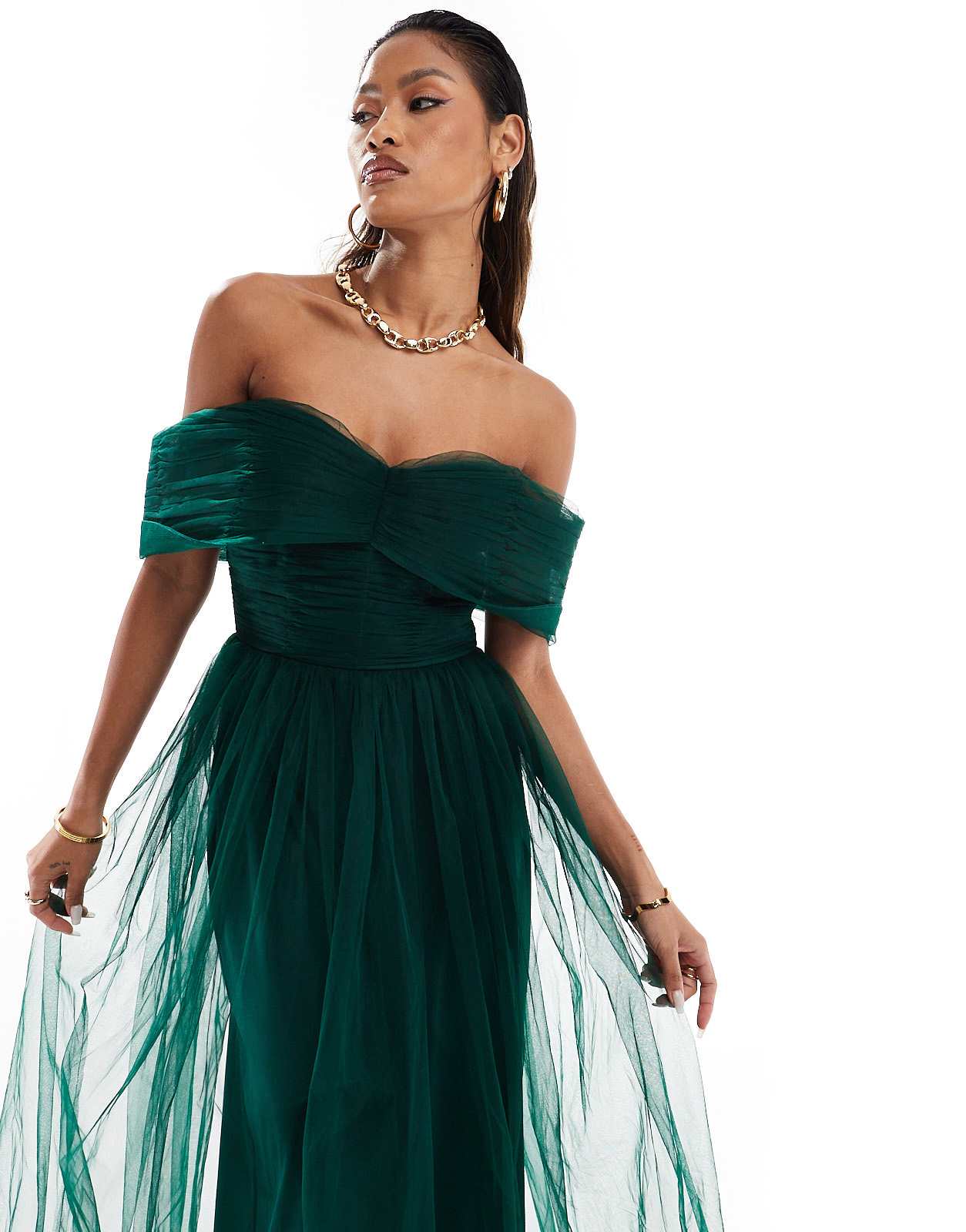 Lace & Beads bow off shoulder tulle maxi dress in forest green - ASOS Sample Sale EU Store