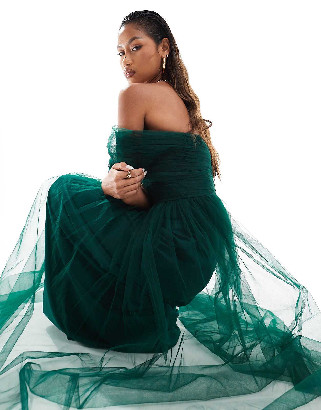Lace & Beads bow off shoulder tulle maxi dress in forest green - ASOS Sample Sale EU Store
