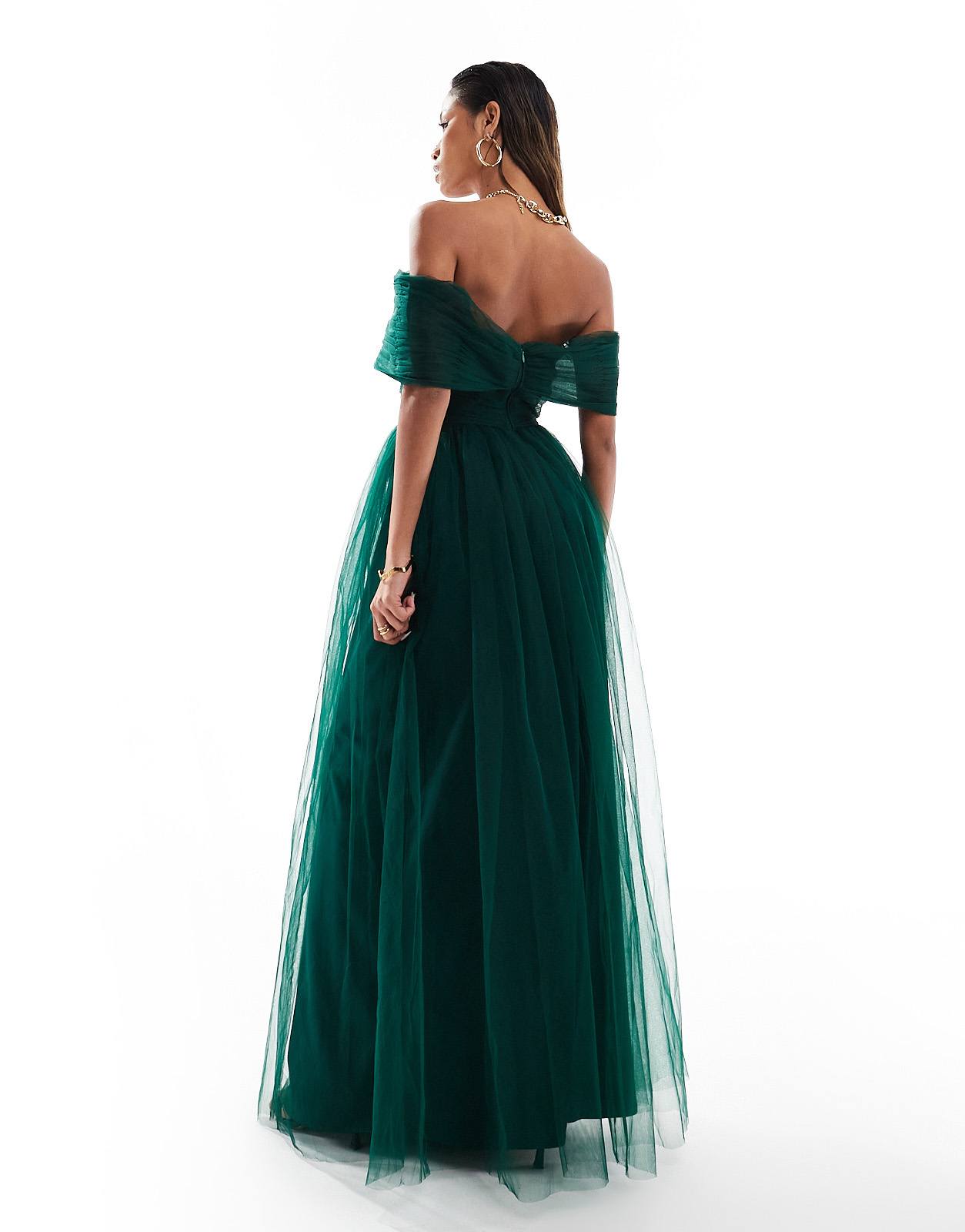 Lace & Beads bow off shoulder tulle maxi dress in forest green - ASOS Sample Sale EU Store