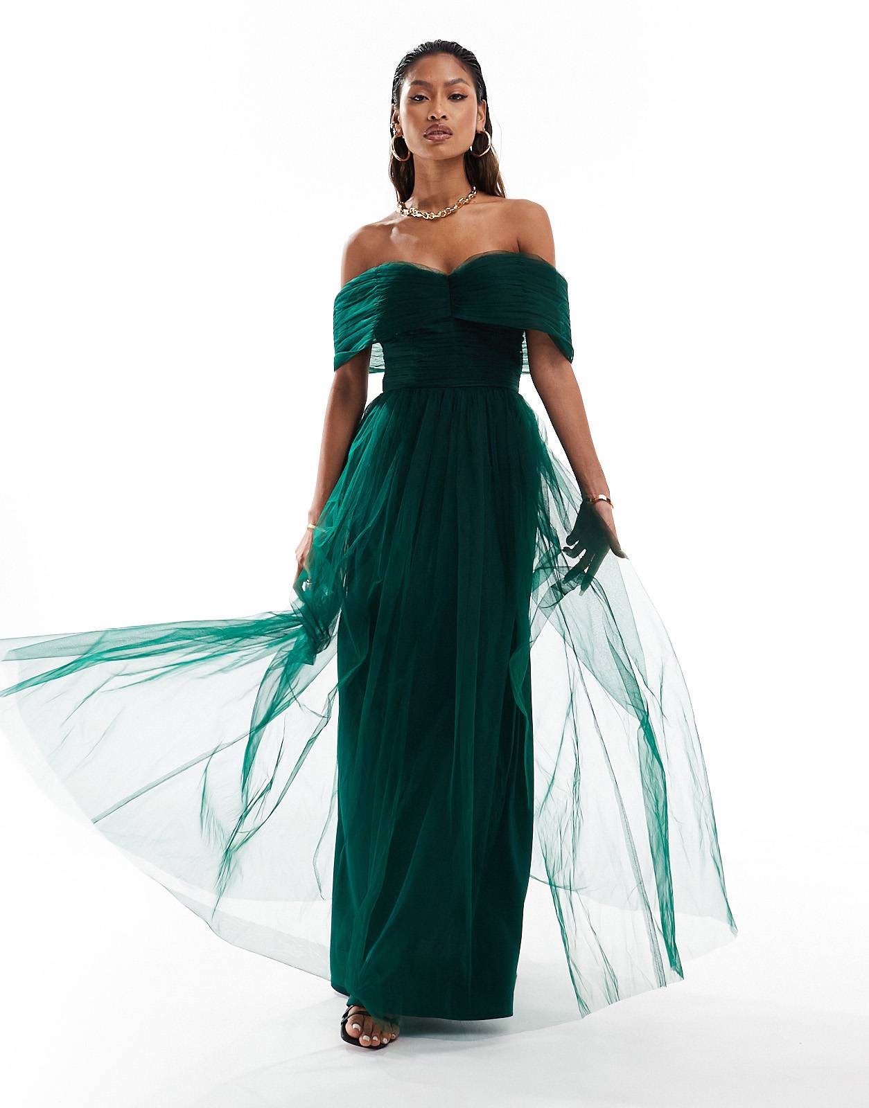 Lace & Beads bow off shoulder tulle maxi dress in forest green - ASOS Sample Sale EU Store