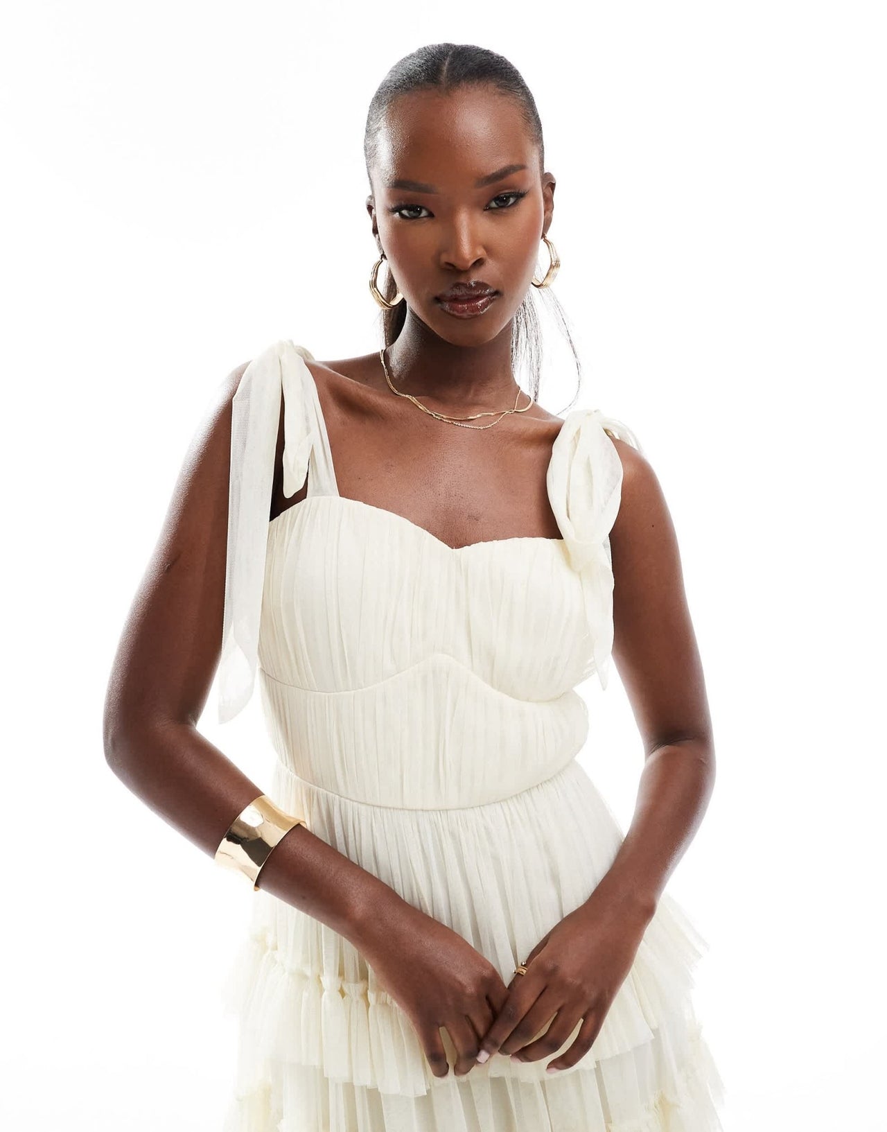 Lace & Beads bow ruffle midaxi dress in vintage cream - ASOS Sample Sale EU Store