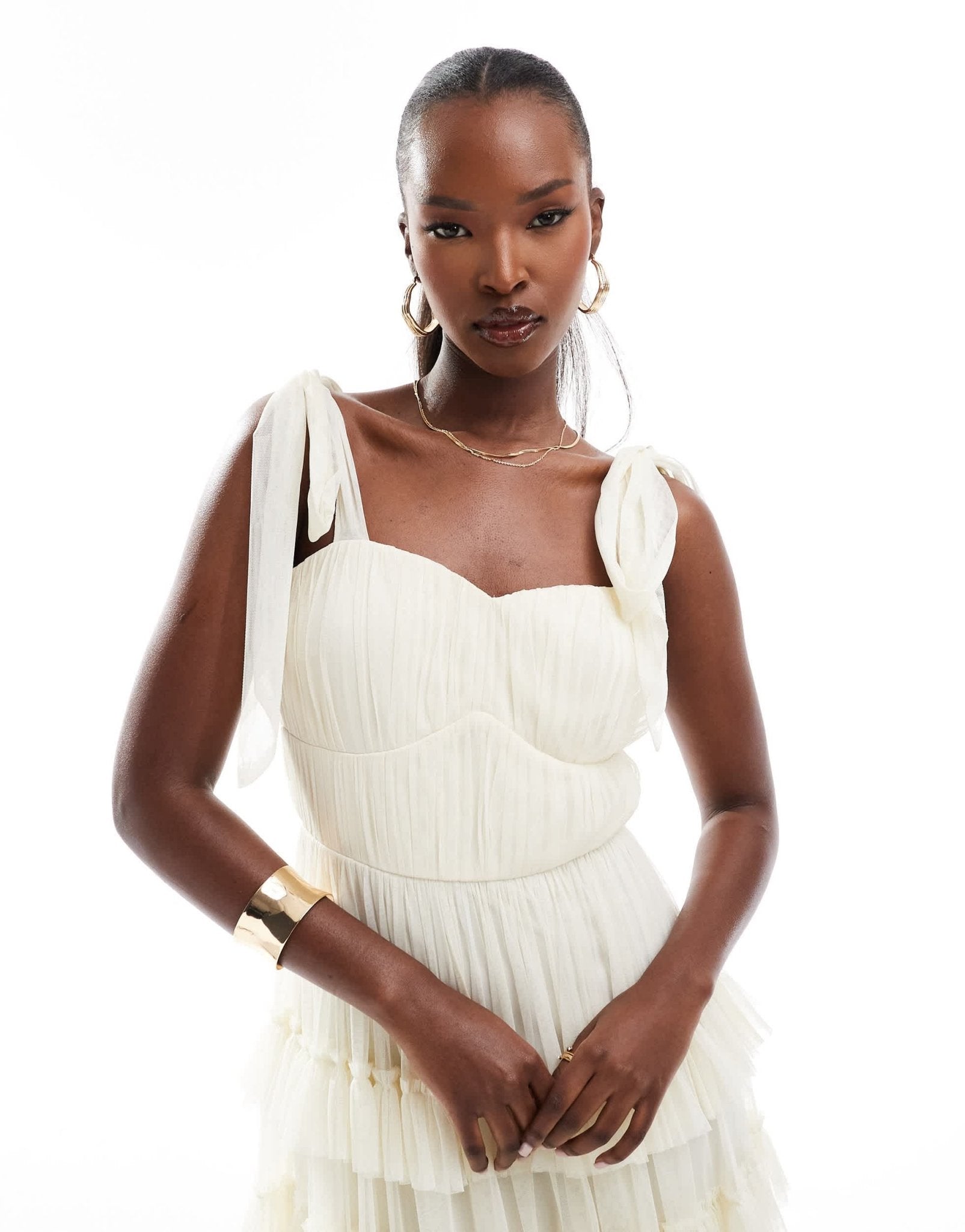 Lace & Beads bow ruffle midaxi dress in vintage cream - ASOS Sample Sale EU Store