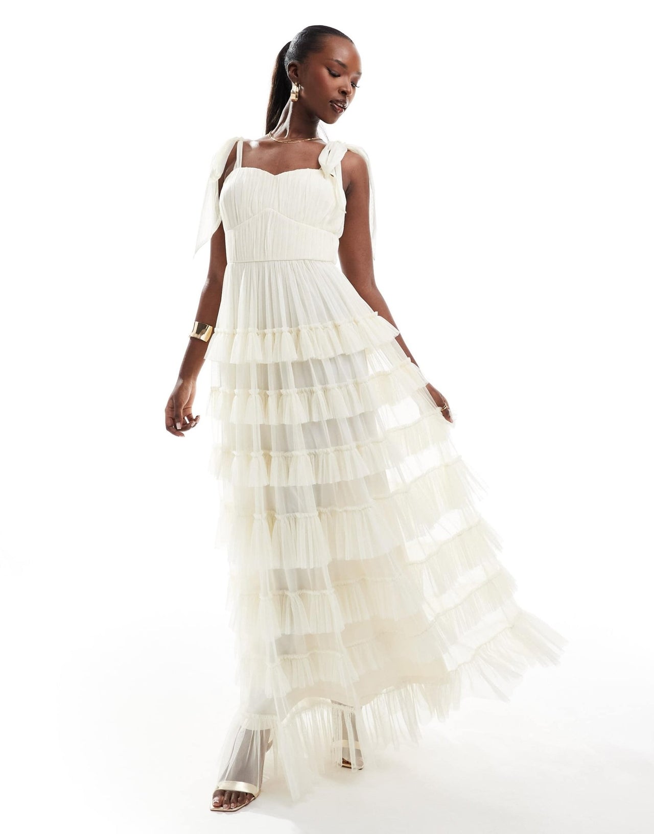 Lace & Beads bow ruffle midaxi dress in vintage cream - ASOS Sample Sale EU Store