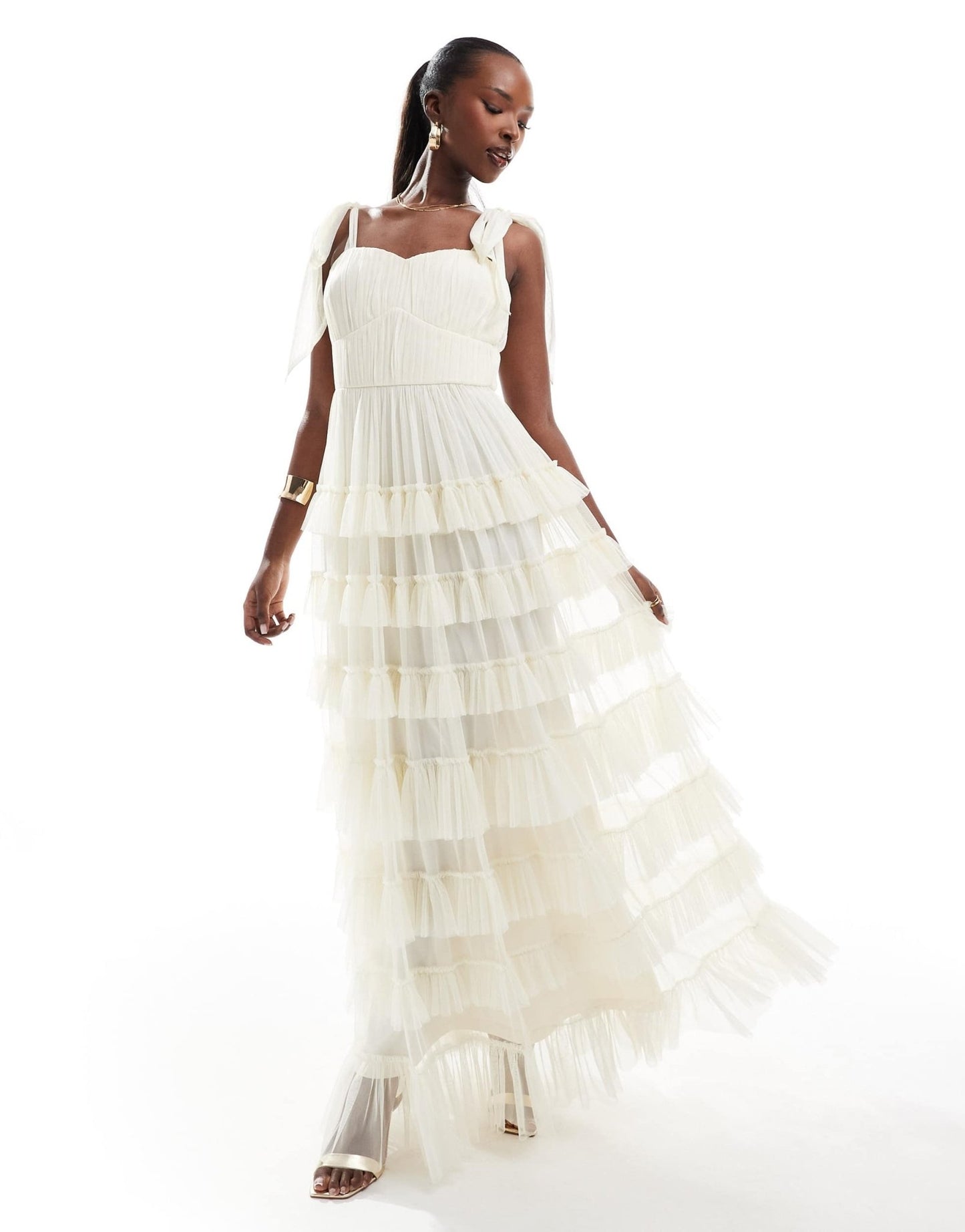 Lace & Beads bow ruffle midaxi dress in vintage cream - ASOS Sample Sale EU Store