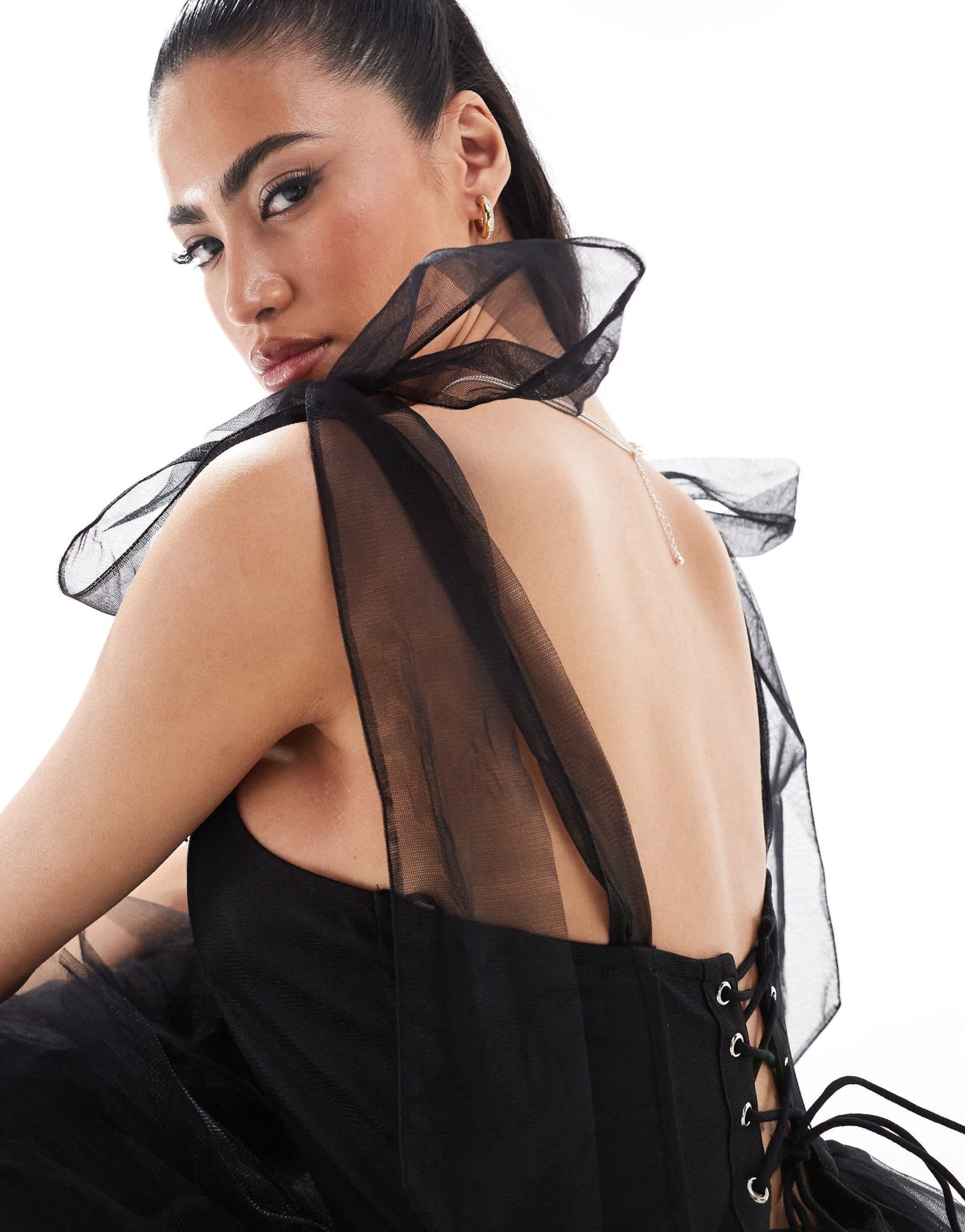 Lace & Beads bow shoulder corset tulle mini dress in black - ASOS Sample Sale EU Store