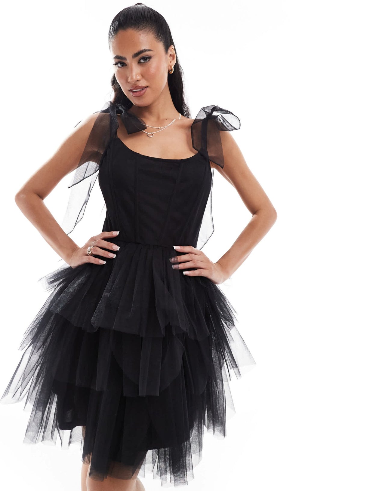 Lace & Beads bow shoulder corset tulle mini dress in black - ASOS Sample Sale EU Store
