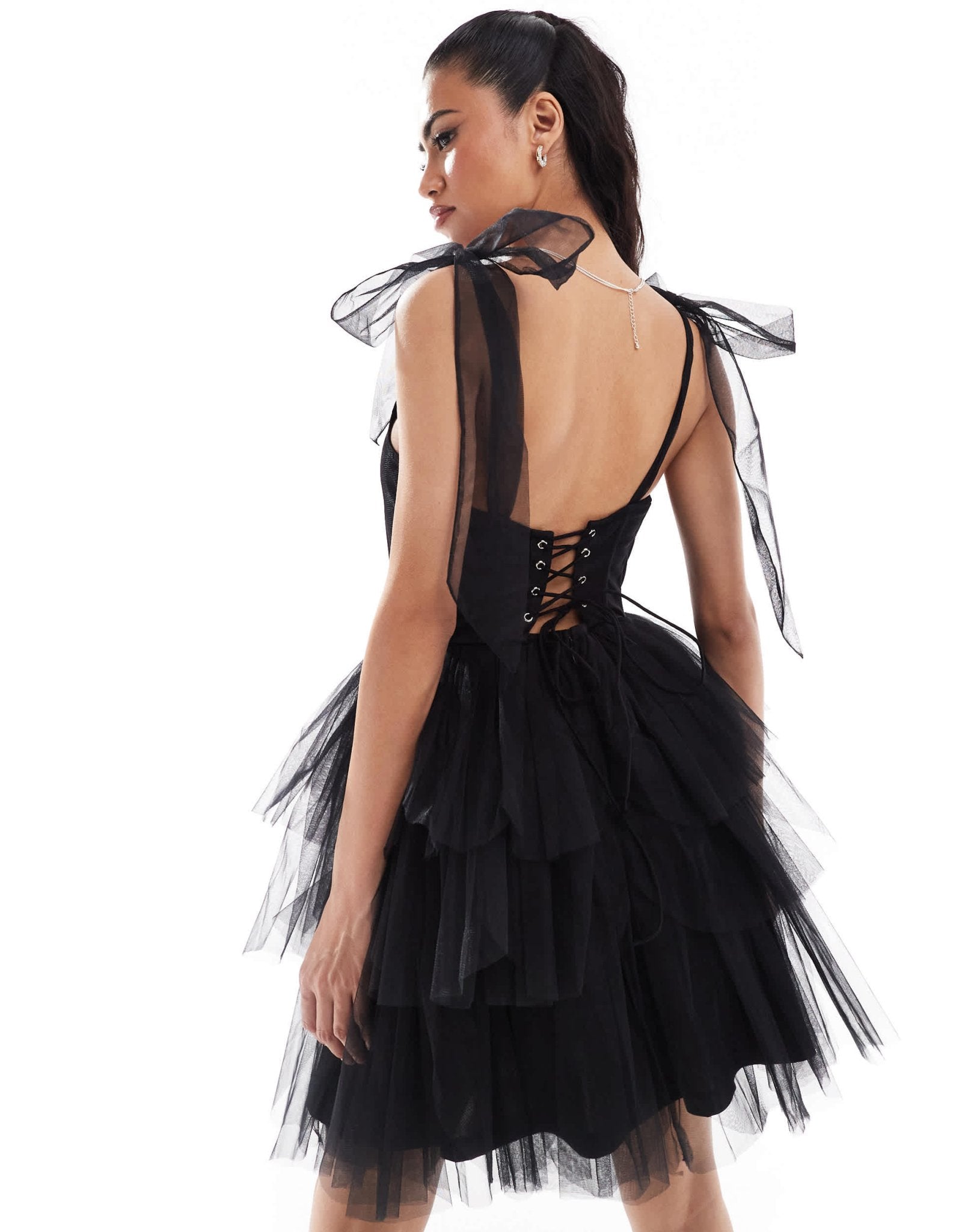 Lace & Beads bow shoulder corset tulle mini dress in black - ASOS Sample Sale EU Store