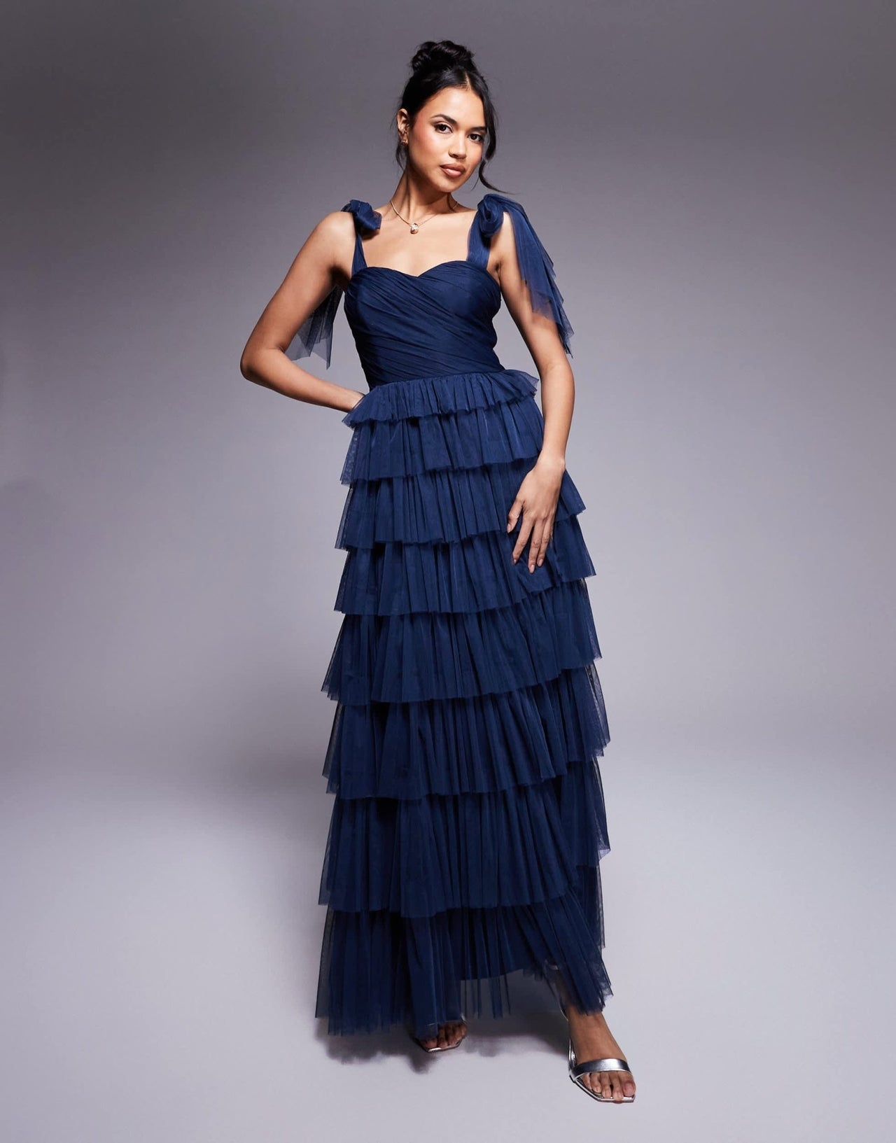Lace & Beads bow shoulder ruffle maxi dress in midnight navy - ASOS Sample Sale EU Store