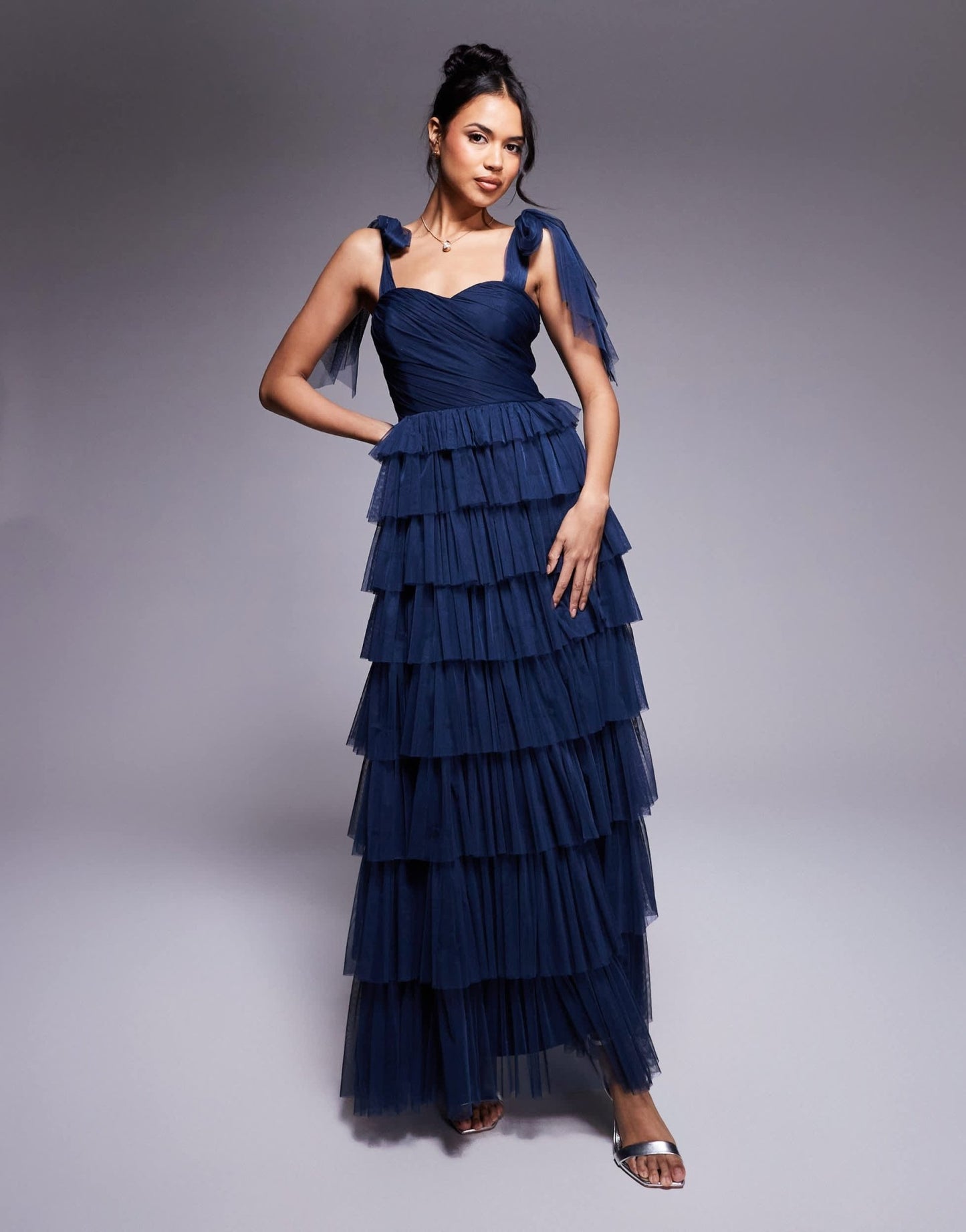 Lace & Beads bow shoulder ruffle maxi dress in midnight navy - ASOS Sample Sale EU Store