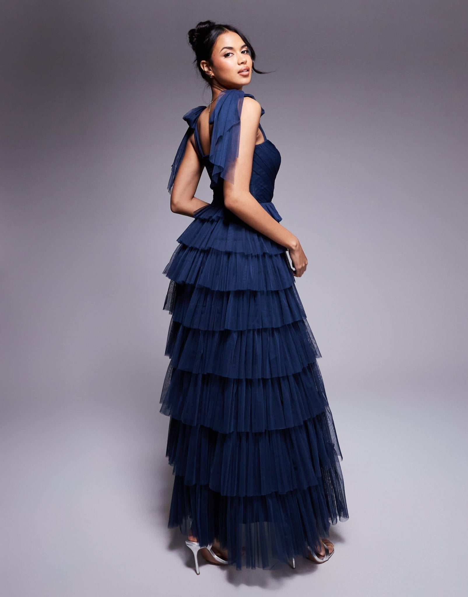 Lace & Beads bow shoulder ruffle maxi dress in midnight navy - ASOS Sample Sale EU Store