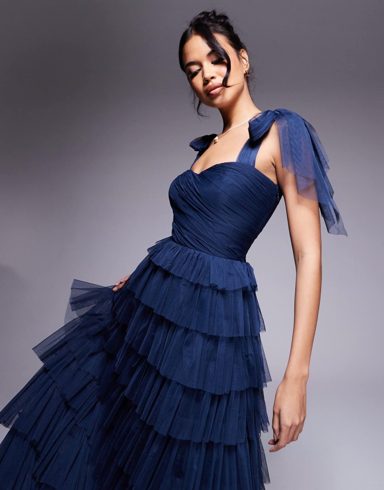 Lace & Beads bow shoulder ruffle maxi dress in midnight navy - ASOS Sample Sale EU Store