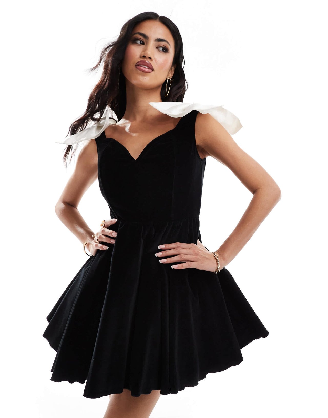 Lace & Beads bow shoulder structured mini dress in black and ivory - ASOS Sample Sale EU Store