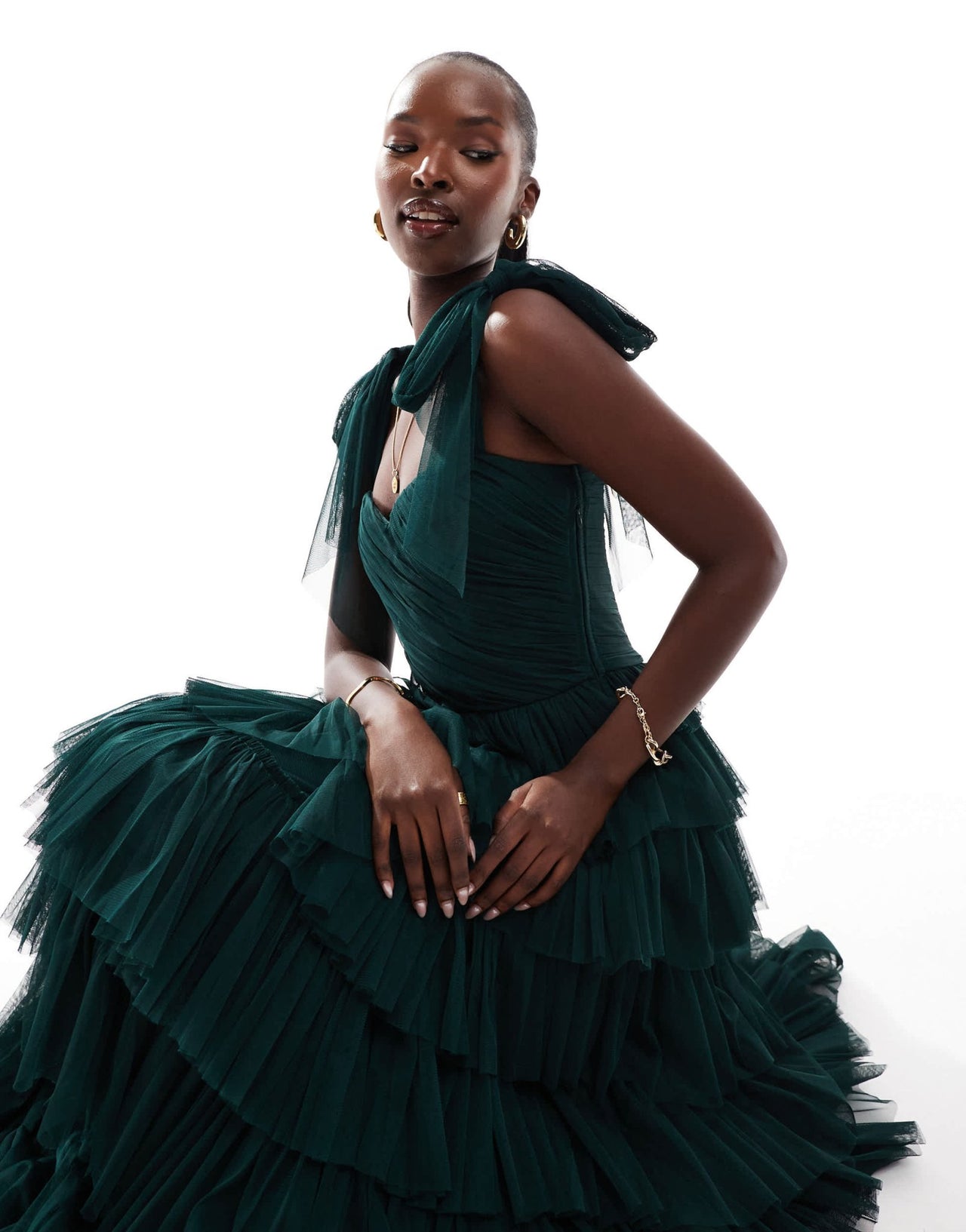 Lace & Beads bow shoulder tiered tulle maxi dress in emerald - ASOS Sample Sale EU Store
