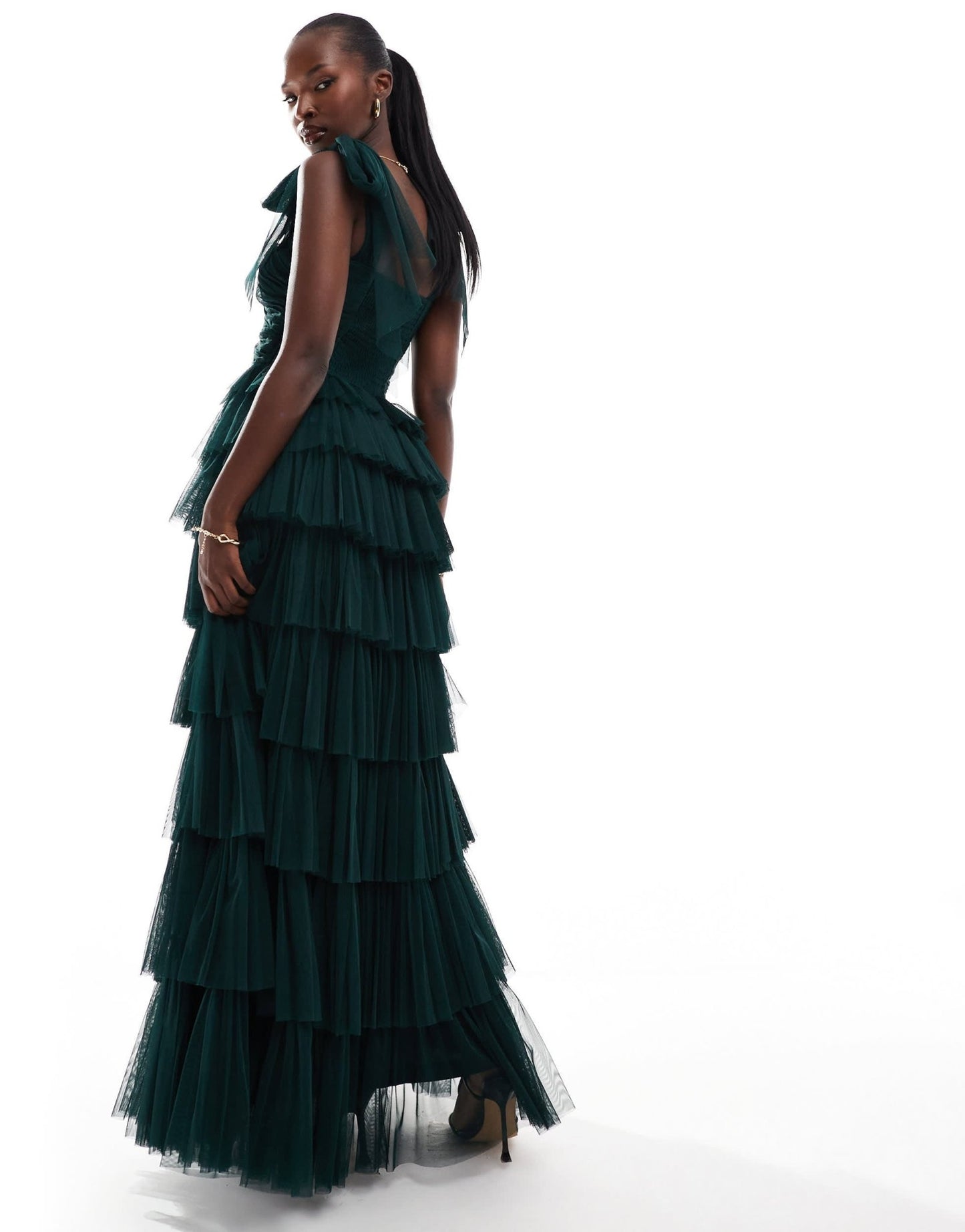 Lace & Beads bow shoulder tiered tulle maxi dress in emerald - ASOS Sample Sale EU Store