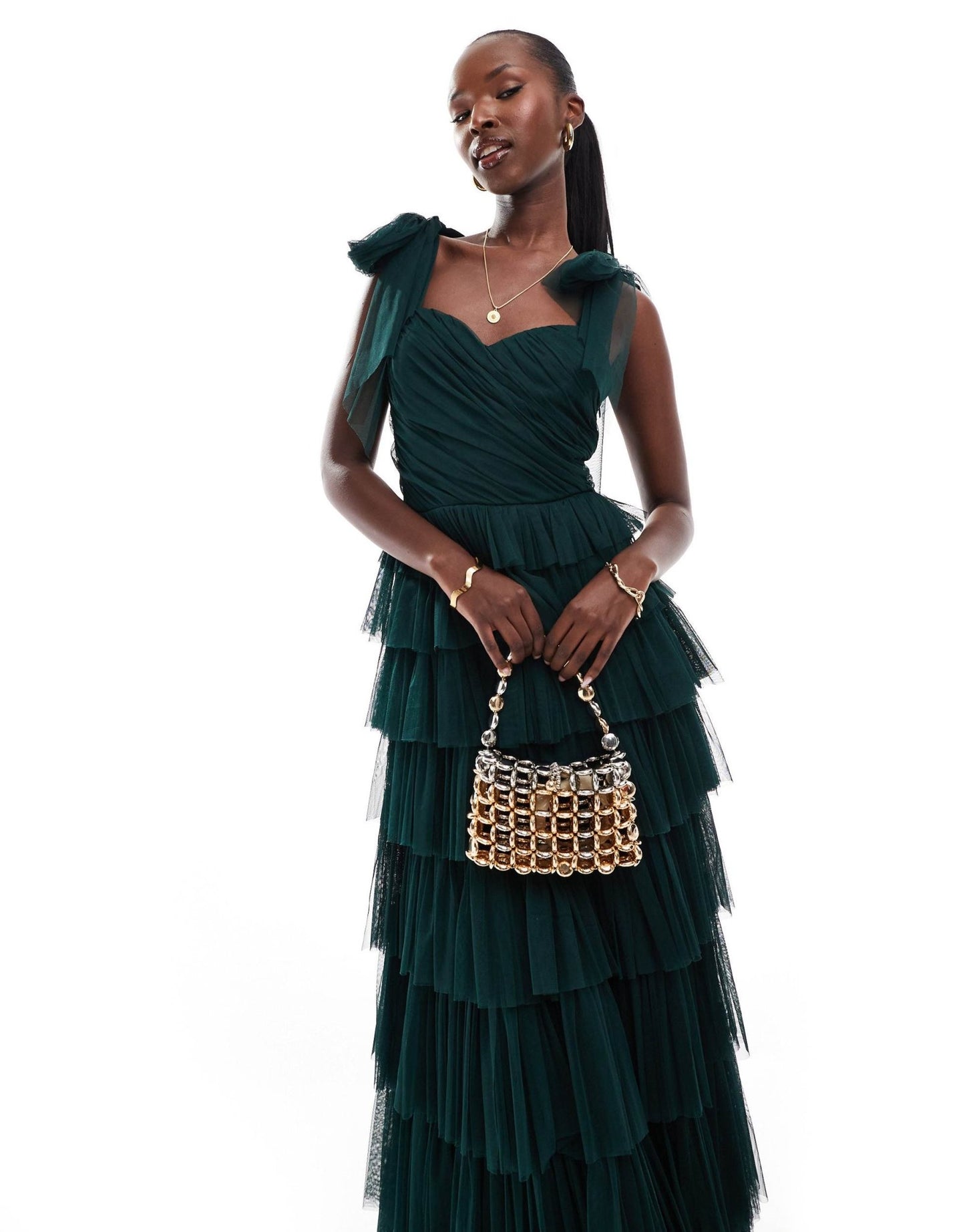 Lace & Beads bow shoulder tiered tulle maxi dress in emerald - ASOS Sample Sale EU Store