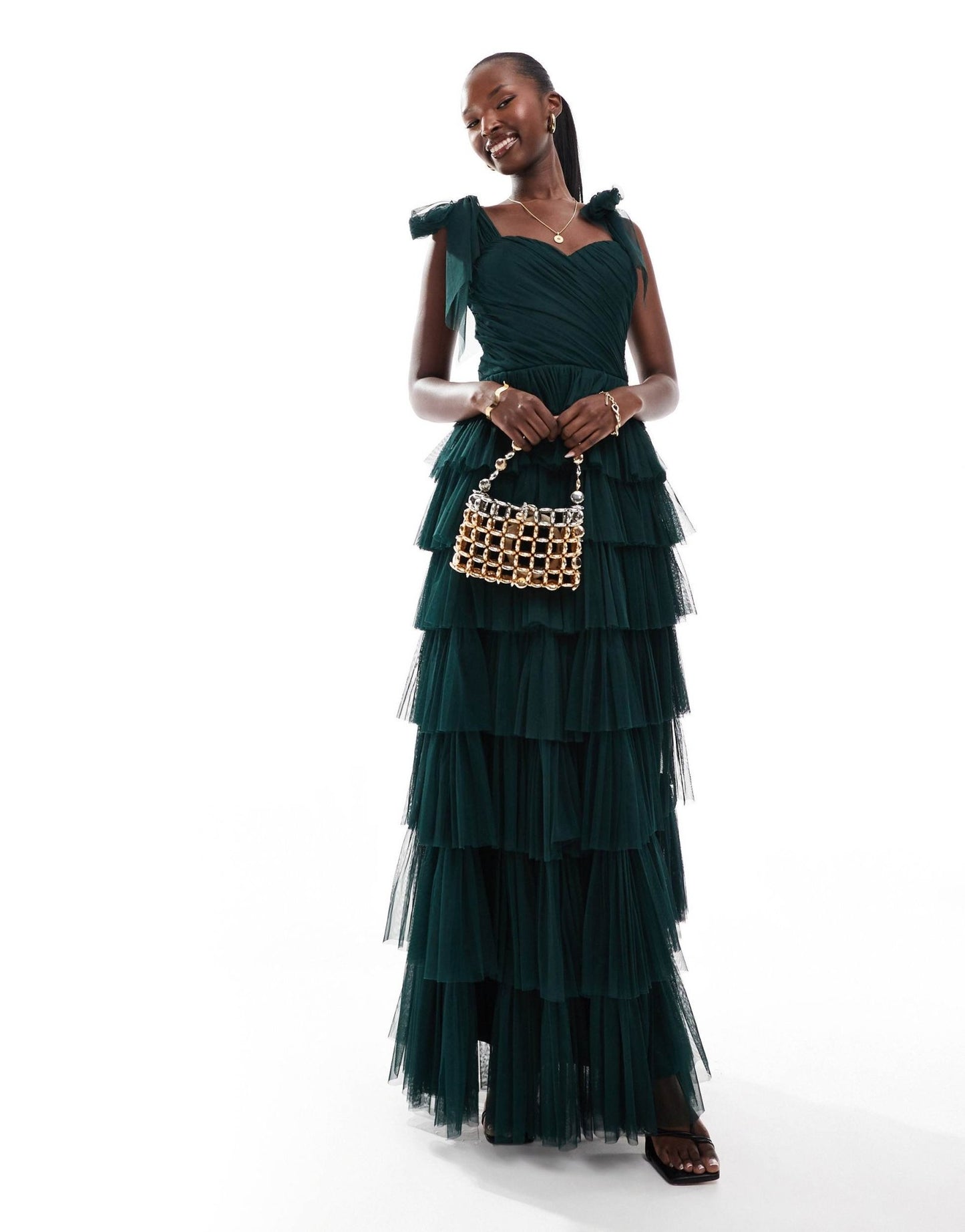 Lace & Beads bow shoulder tiered tulle maxi dress in emerald - ASOS Sample Sale EU Store