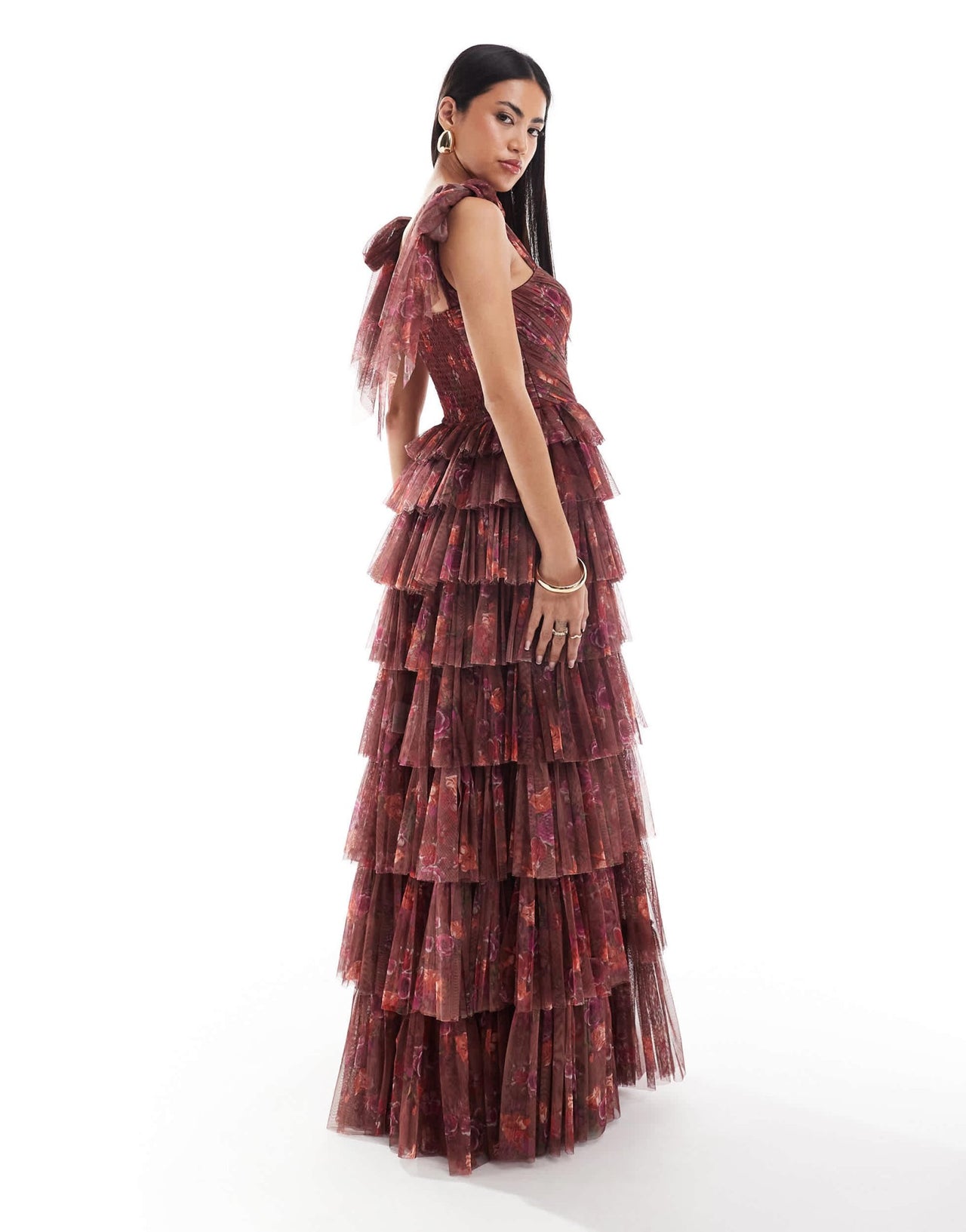 Lace & Beads bow shoulder tulle maxi dress in purple floral - ASOS Sample Sale EU Store
