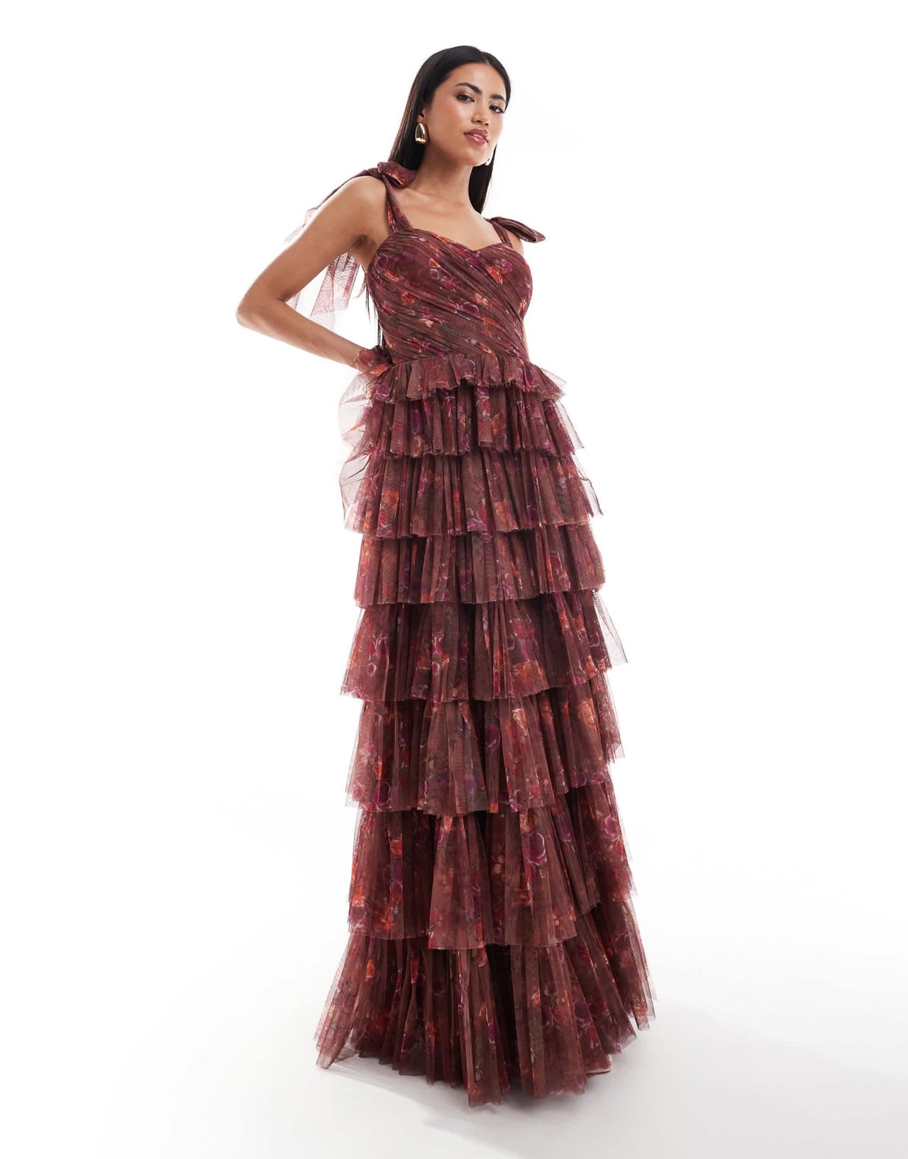 Lace & Beads bow shoulder tulle maxi dress in purple floral - ASOS Sample Sale EU Store
