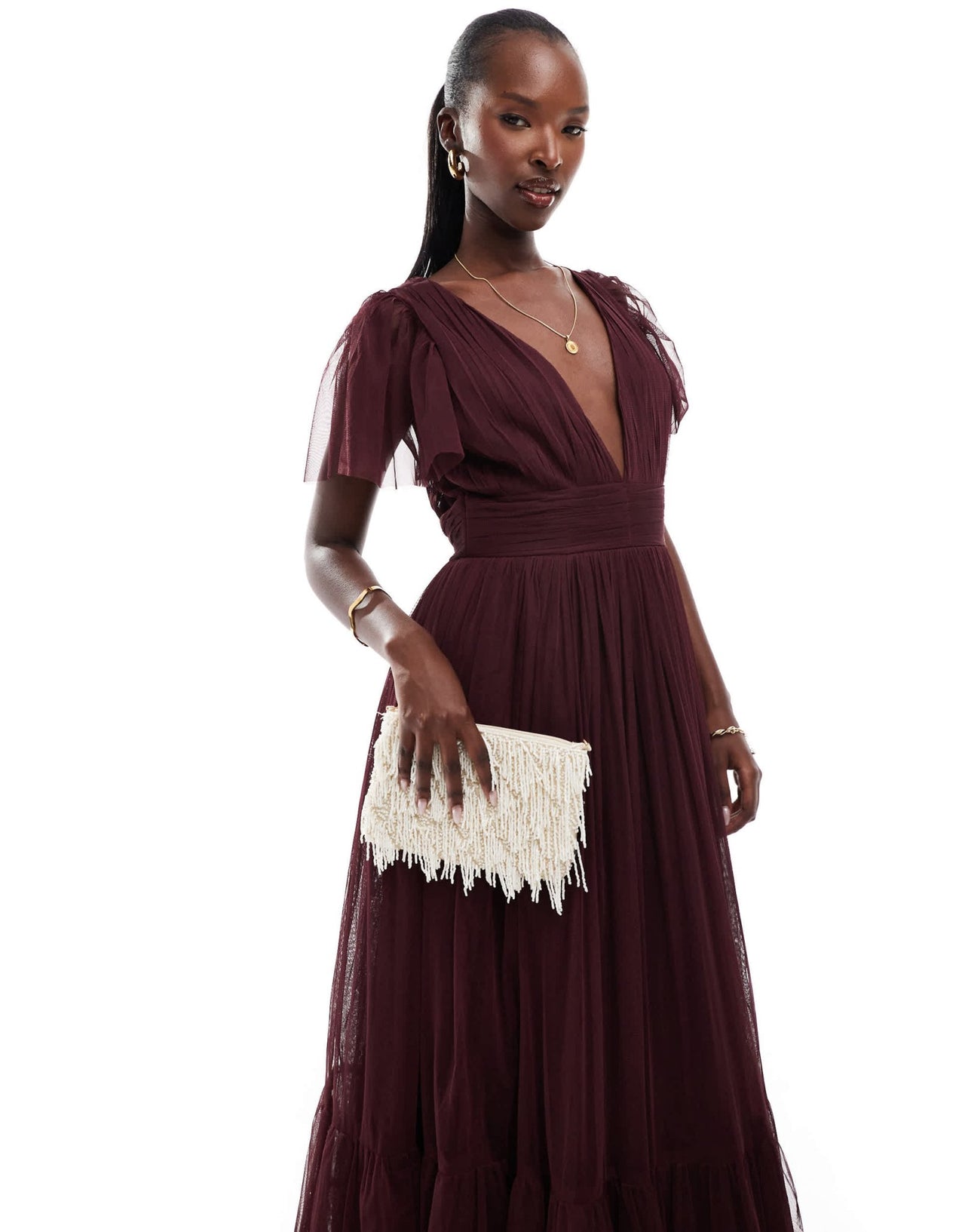 Lace & Beads Bridesmaid Madison v neck tulle maxi dress in plum - ASOS Sample Sale EU Store