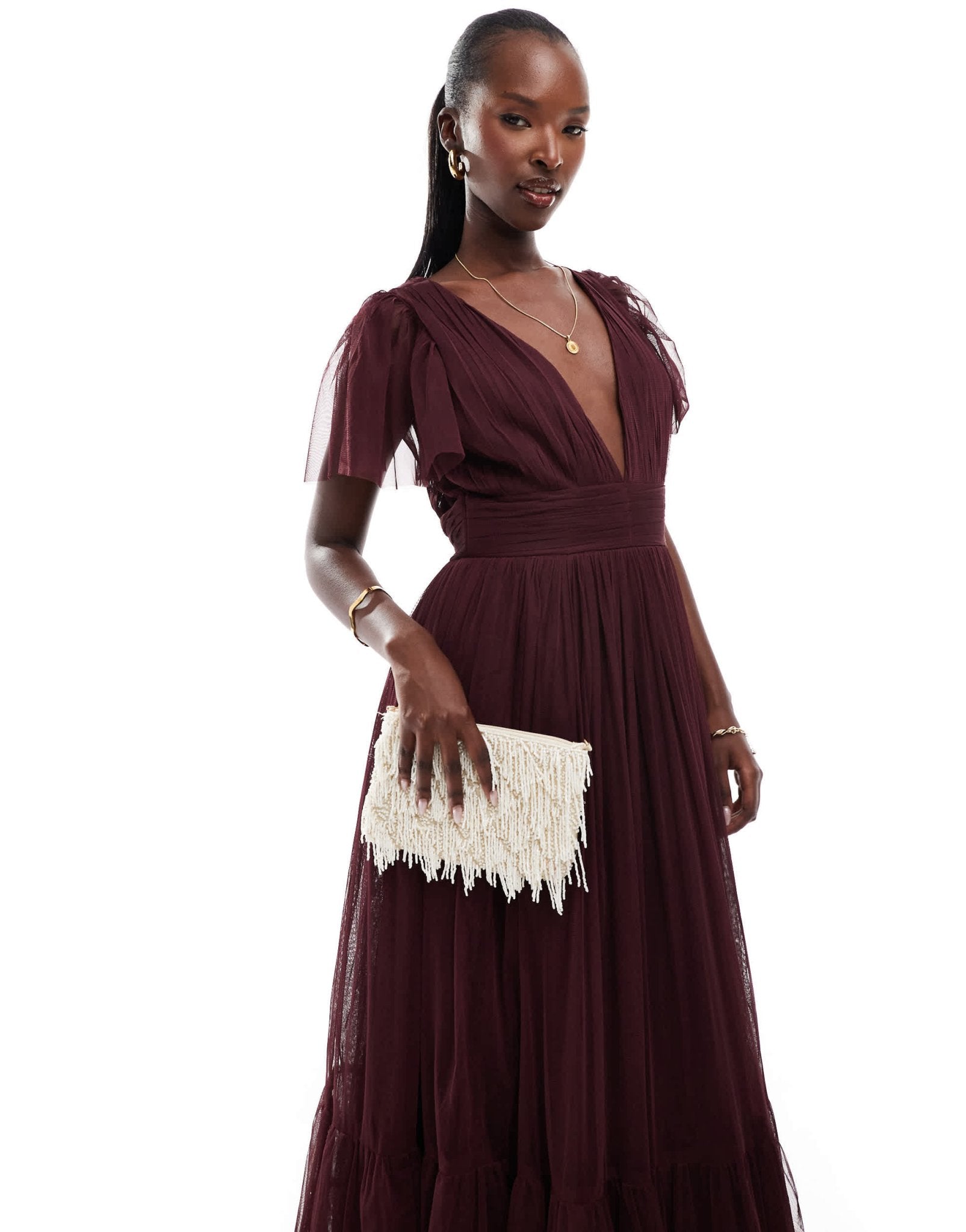 Lace & Beads Bridesmaid Madison v neck tulle maxi dress in plum - ASOS Sample Sale EU Store