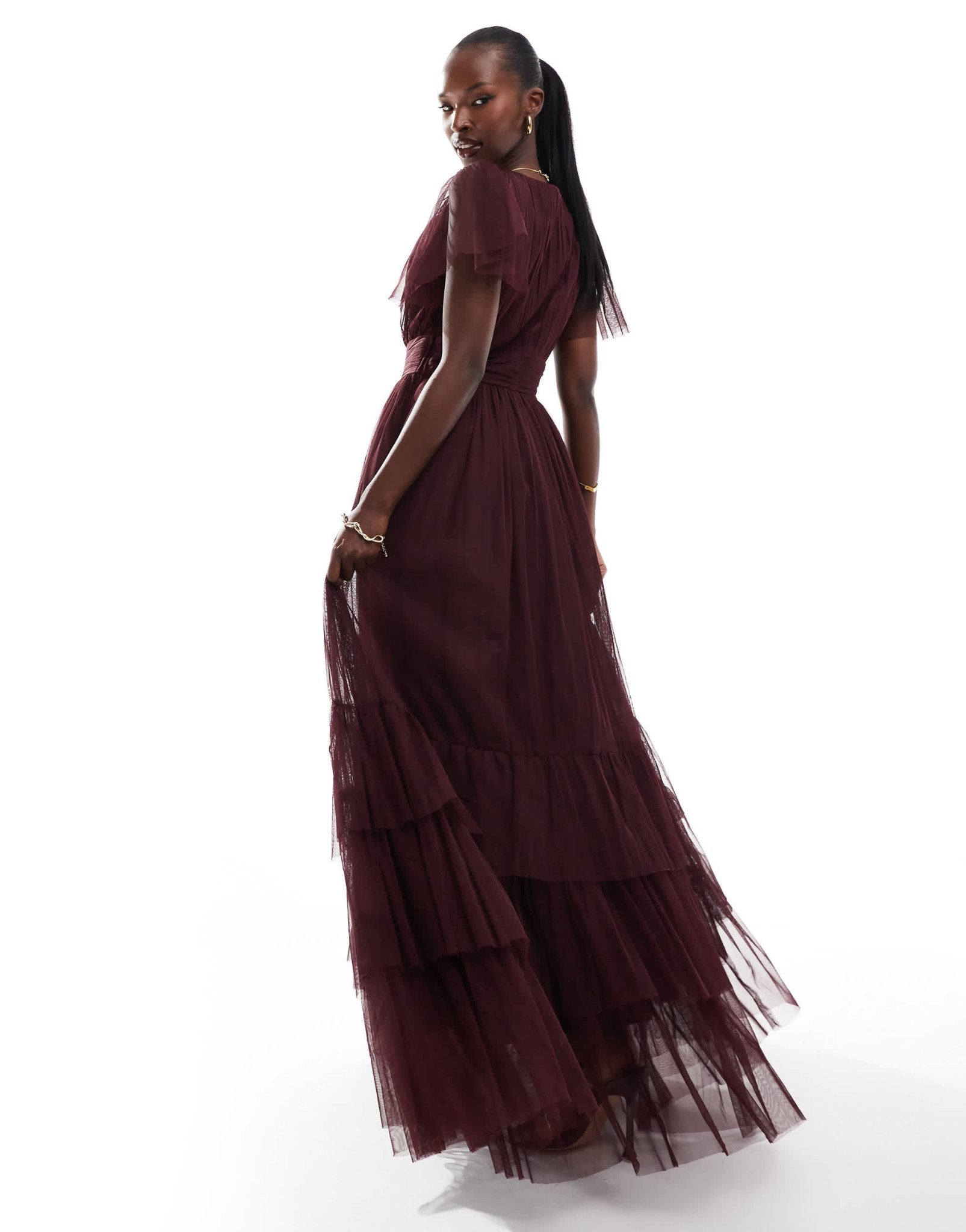 Lace & Beads Bridesmaid Madison v neck tulle maxi dress in plum - ASOS Sample Sale EU Store