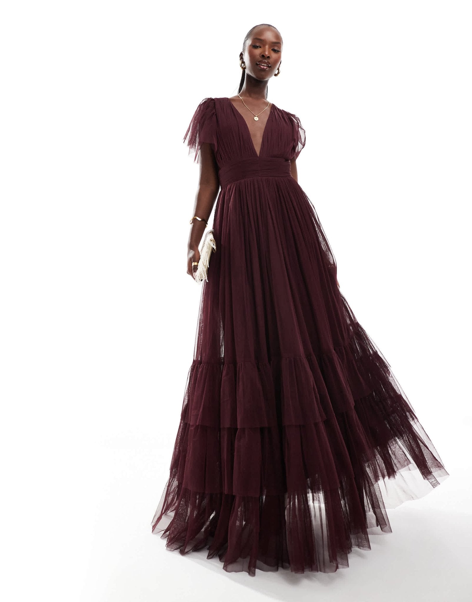 Lace & Beads Bridesmaid Madison v neck tulle maxi dress in plum - ASOS Sample Sale EU Store