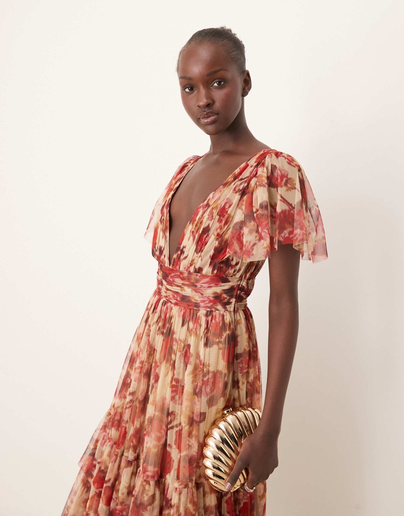 Lace & Beads Bridesmaid Madison v neck tulle midi dress in rose floral - ASOS Sample Sale EU Store
