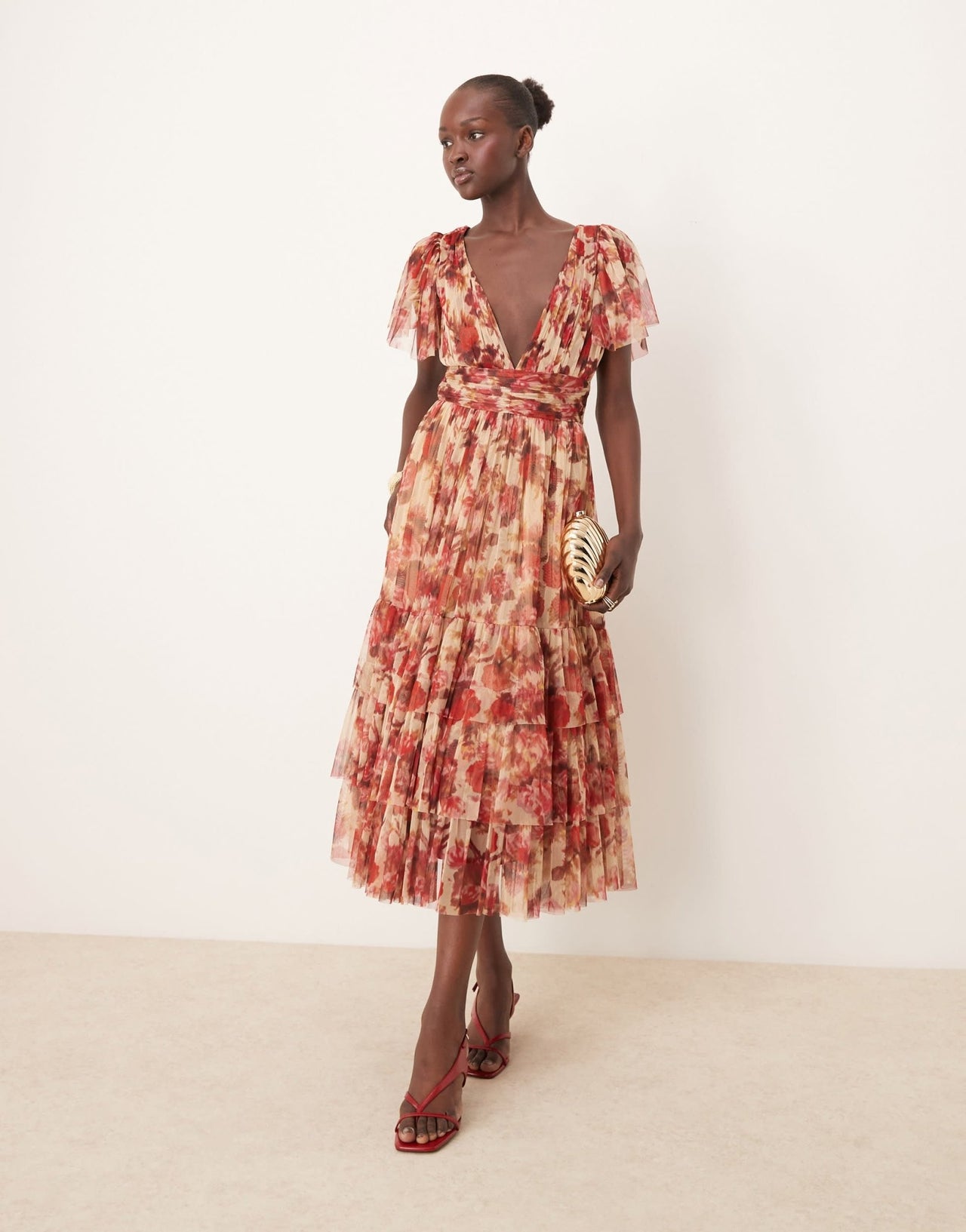 Lace & Beads Bridesmaid Madison v neck tulle midi dress in rose floral - ASOS Sample Sale EU Store