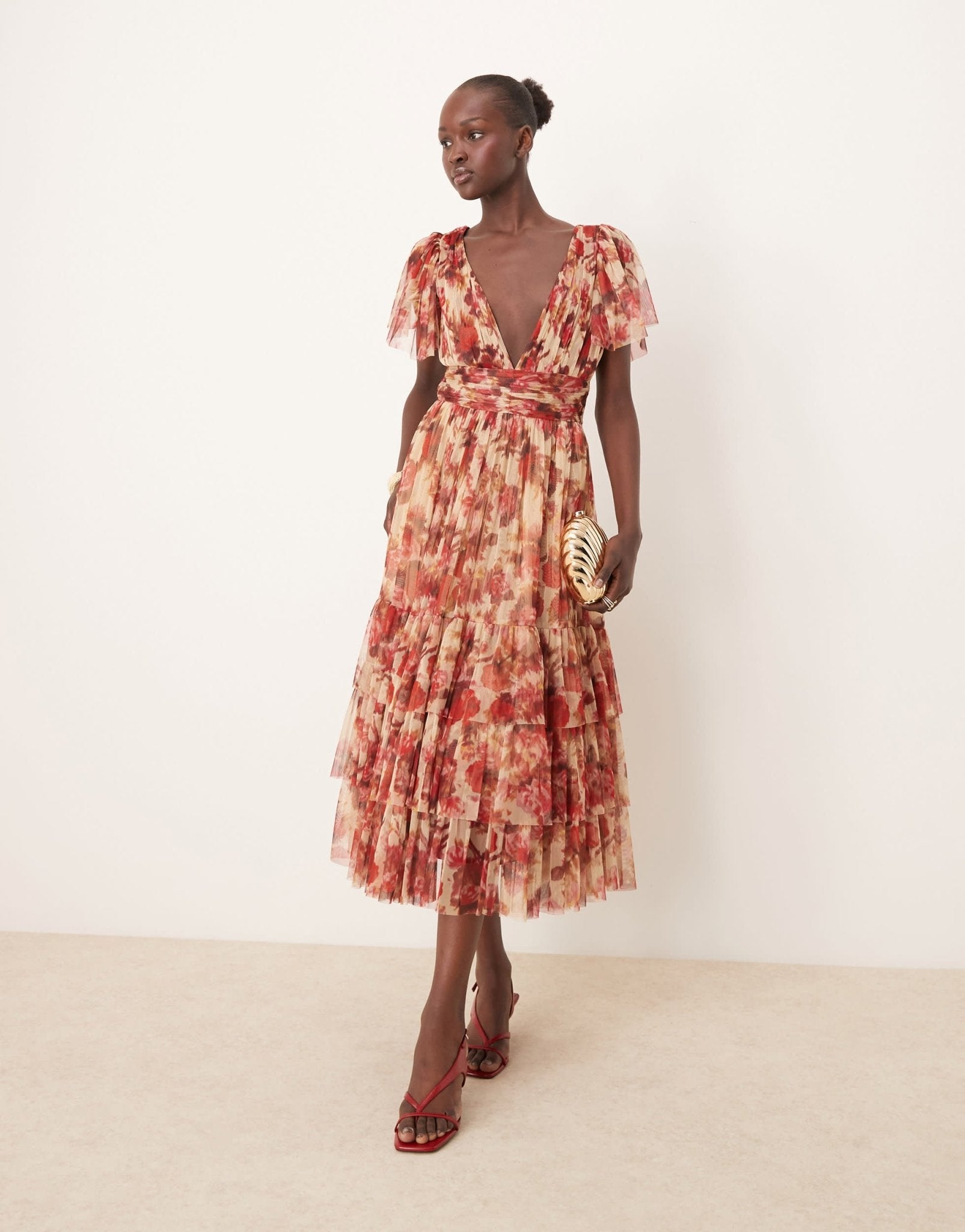 Lace & Beads Bridesmaid Madison v neck tulle midi dress in rose floral - ASOS Sample Sale EU Store