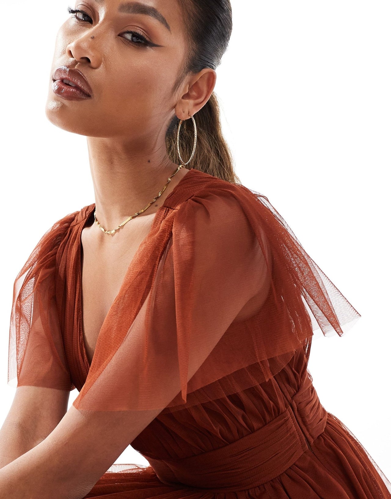 Lace & Beads Bridesmaid Madison v neck tulle midi dress in rust - ASOS Sample Sale EU Store
