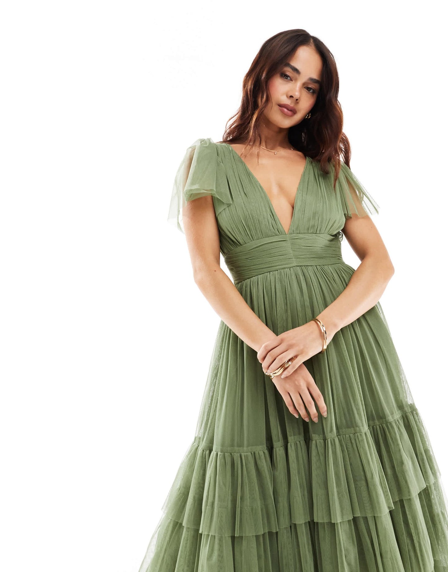 Lace & Beads Bridesmaid Madison v neck tulle midi dress in soft olive - ASOS Sample Sale EU Store
