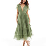 Lace & Beads Bridesmaid Madison v neck tulle midi dress in soft olive
