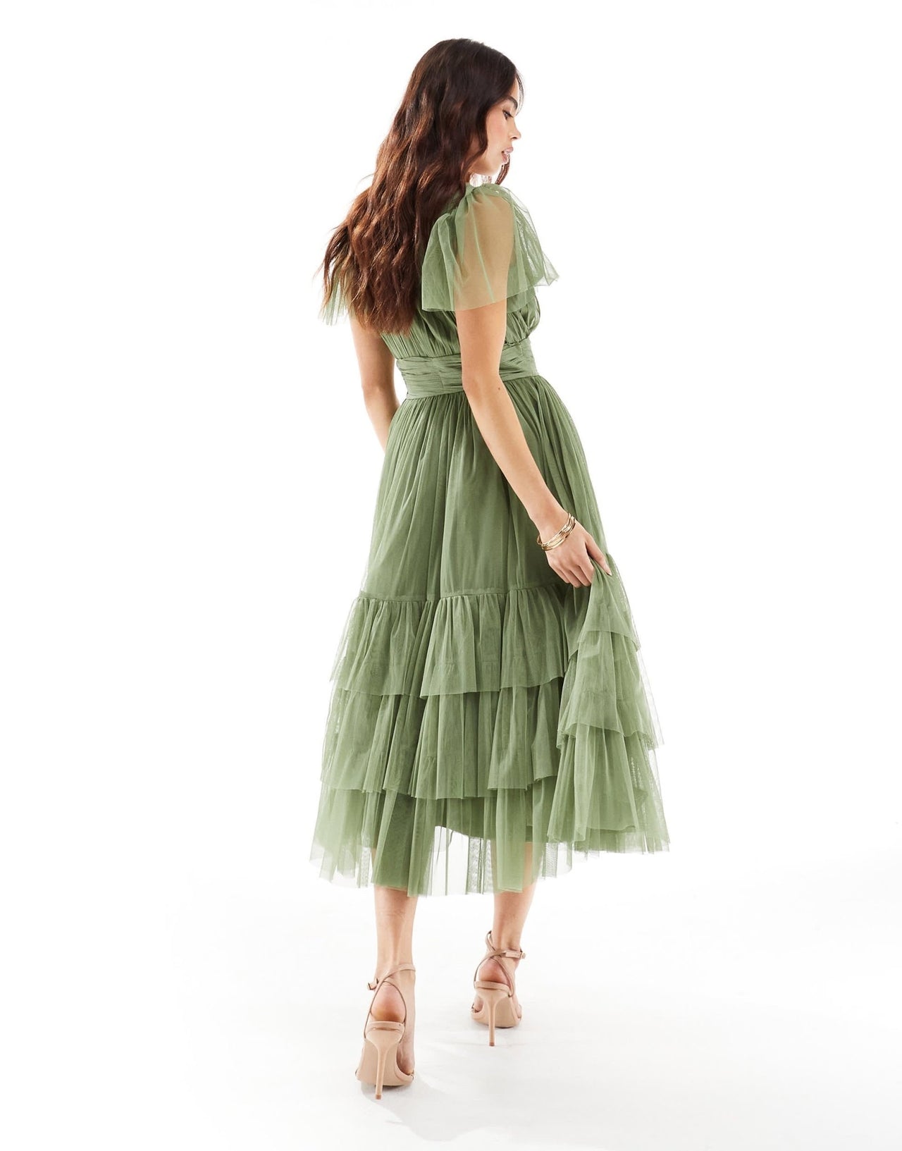 Lace & Beads Bridesmaid Madison v neck tulle midi dress in soft olive - ASOS Sample Sale EU Store
