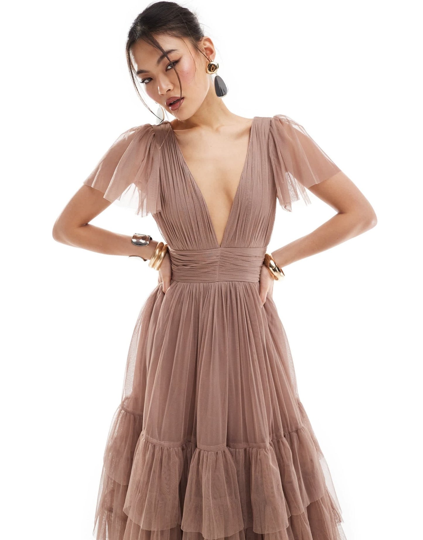 Lace & Beads Bridesmaid Madison v neck tulle midi dress in taupe - ASOS Sample Sale EU Store