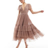 Lace & Beads Bridesmaid Madison v neck tulle midi dress in taupe