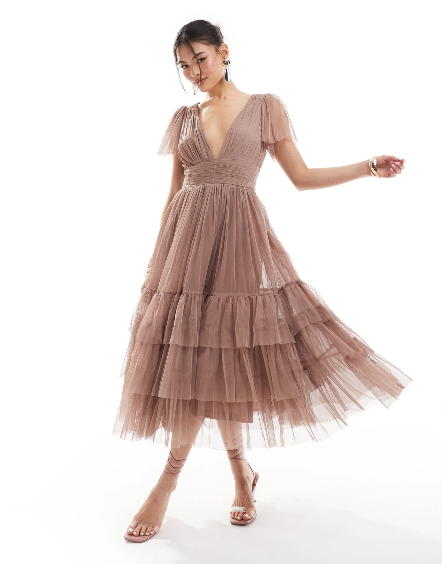 Lace & Beads Bridesmaid Madison v neck tulle midi dress in taupe - ASOS Sample Sale EU Store