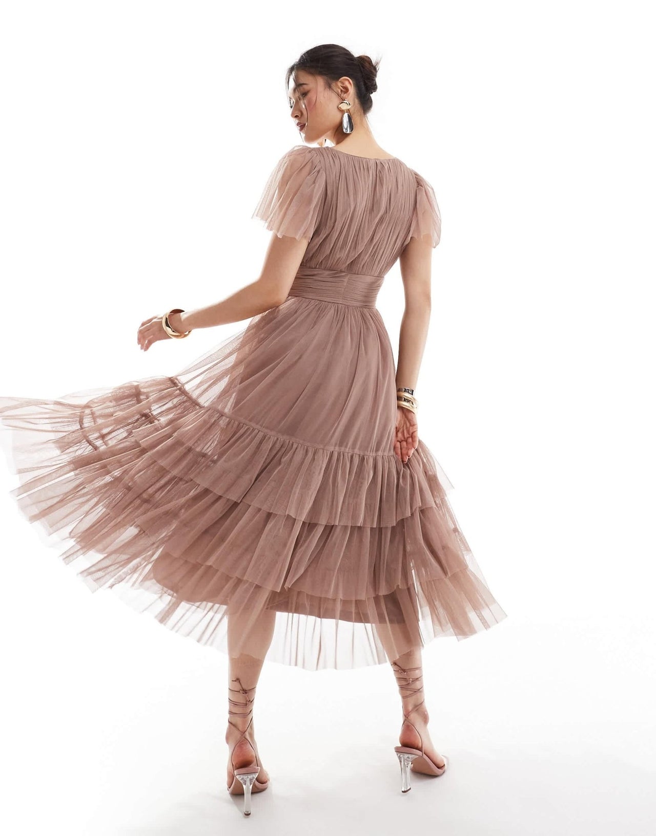 Lace & Beads Bridesmaid Madison v neck tulle midi dress in taupe - ASOS Sample Sale EU Store